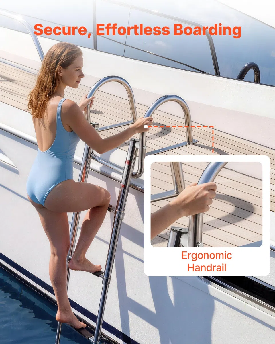 VEVOR Escalera para Barco Telescópica de Acero Inoxidable de 4 Peldaños, Soporta 272 kg, Escalera Plegable de Embarque con Pasamanos y Peldaños Antideslizantes para Muelle, Piscina, Pontón, Plataforma