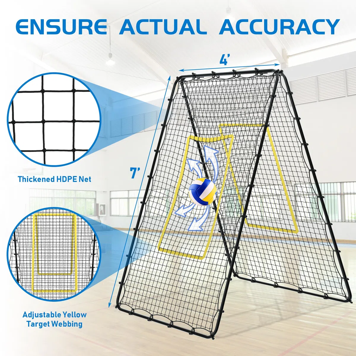 Jolitac Red de rebote de voleibol de doble cara, dispositivo de entrenamiento con zona de impacto, red de rebote doble para voleibol, fútbol, béisbol, lacrosse, tenis, 213 x 122 cm