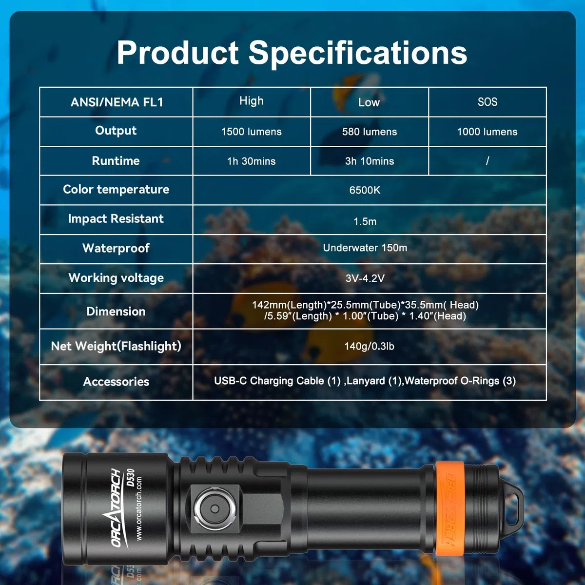 ORCATORCH D530 Luz de buceo, 1500 lúmenes, ángulo de haz estrecho de 7 grados, interruptor de botón lateral, dos modos de iluminación para buceo bajo el agua 150 metros