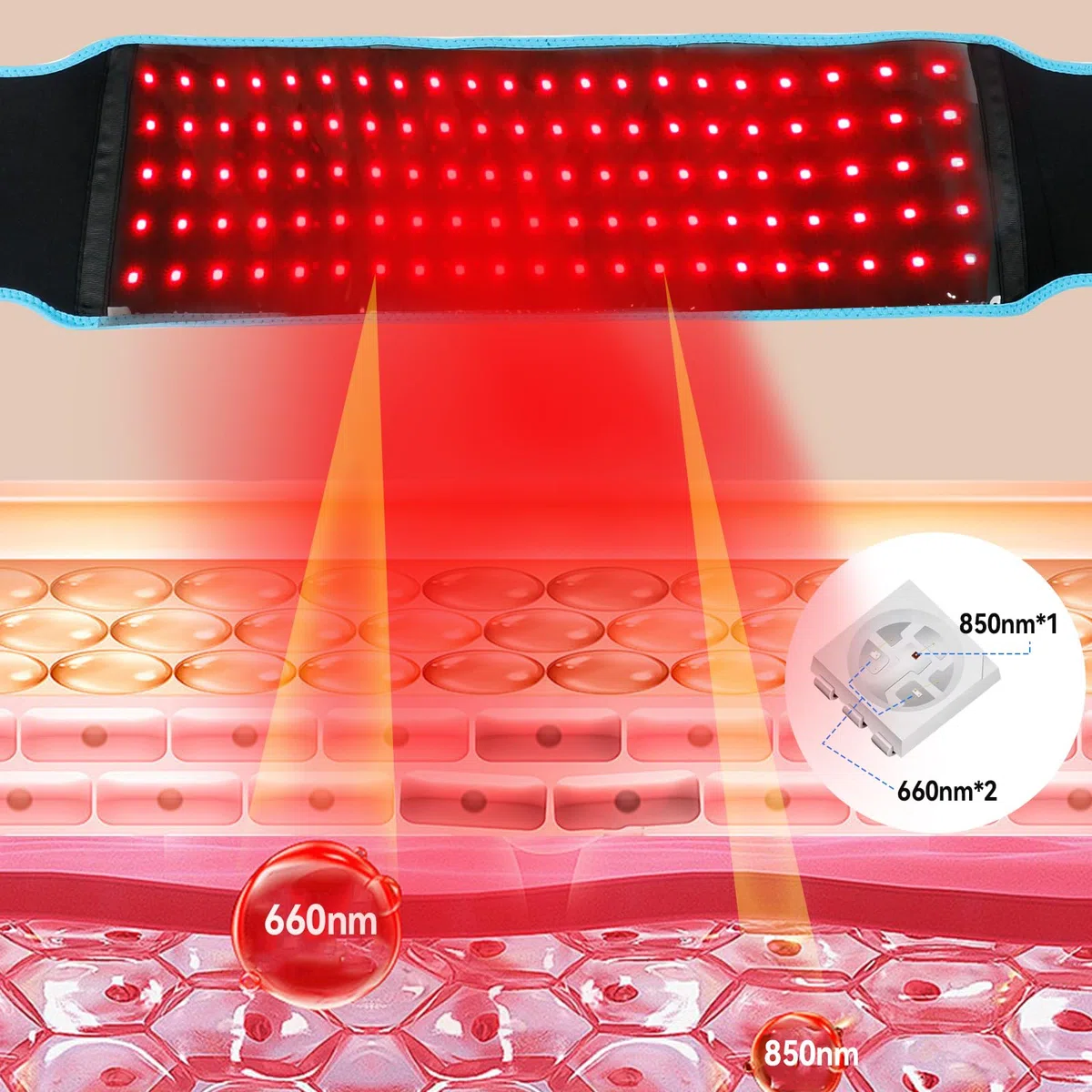 Cinturón de terapia de luz roja de 660 nm con luz roja y 850 nm con ajustes de temporizador y gafas para cintura, muslo, brazos, etc. Alivio muscular para hombro, espalda, cintura y abdomen