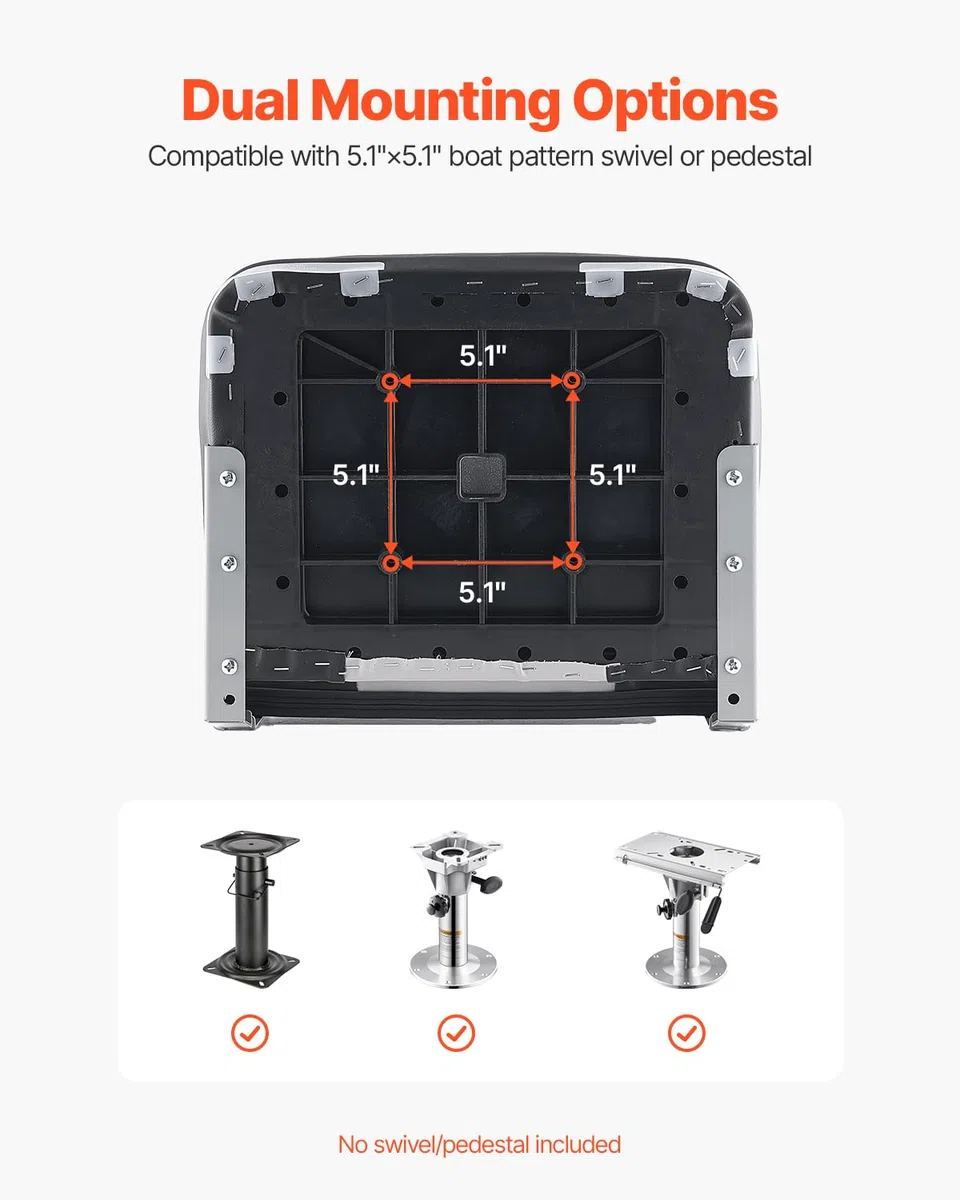 VEVOR Asiento de Barco con Respaldo Bajo Silla de Barco de Pesca Plegable con Cojín de Esponja Espesado y Cuero de PVC Impermeable Asiento de Bote Abatible para Barcos de Pesca, Yates, Negro y Gris