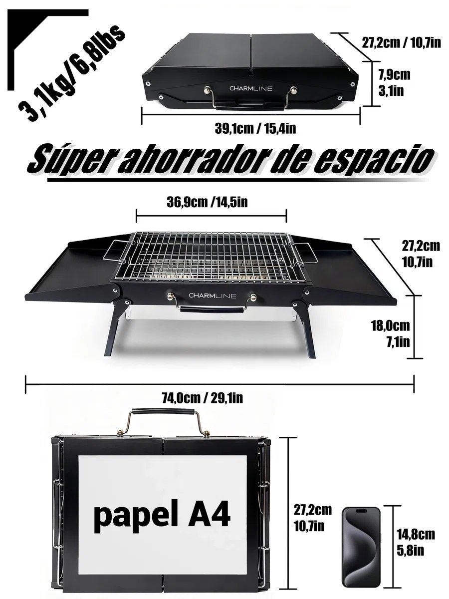 Charmline 39 * 27 cm Barbacoa de Carbón para Camping, Picnic, Jardín y Playa, Pequeña Barbacoa de Carbón Portátil Plegable para 2-4 Personas, BBQ Portátil para Uso en Exteriores, Negro
