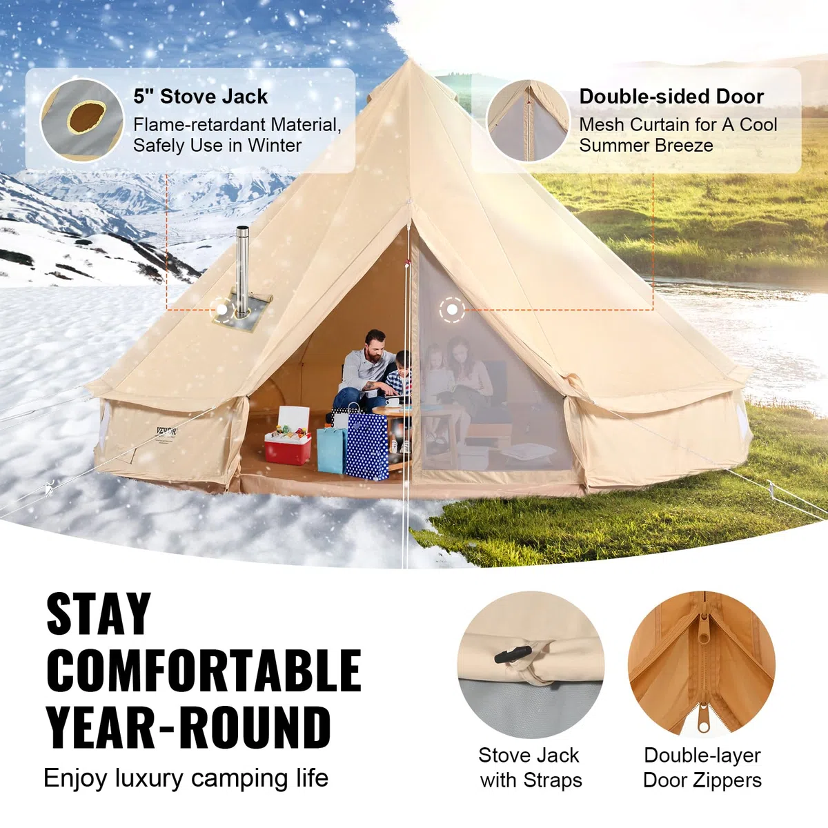 VEVOR Tienda de campaña de Lona para 4 Estaciones, Tienda de campaña de Lona para Acampar con Gato de Estufa, Tienda de campaña Transpirable con Capacidad para hastapersonas, Camping Familiar al