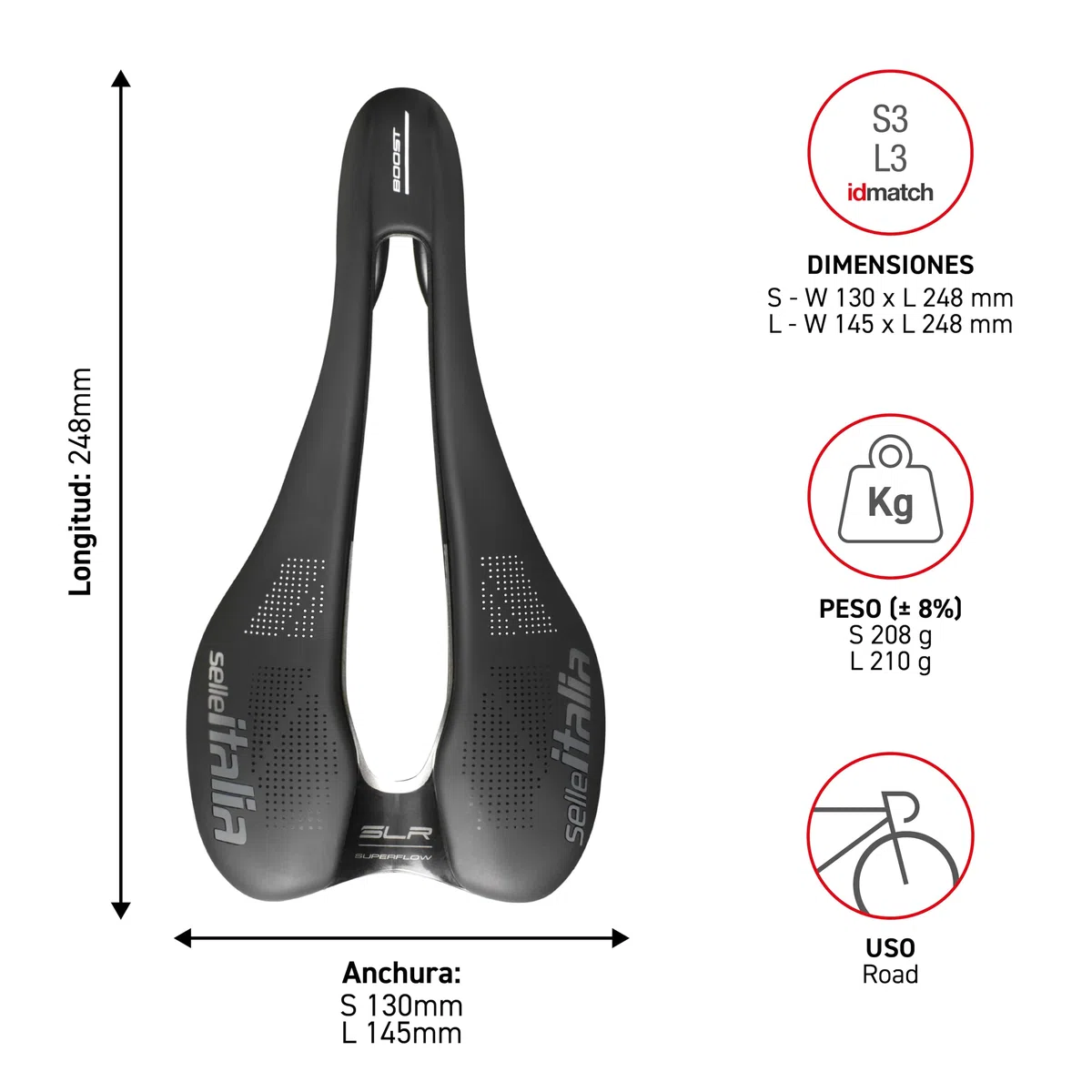 Selle Italia SLR Boost TM Superflow - Sillín de Bicicleta con Diseño Clásico SLR, Cómodo Sillín de Gel para Carretera y Agujero Superflow