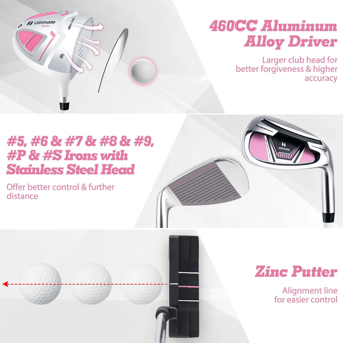 LIFEZEAL Juego Completo de Palos de Golf para Mujer, Incl. Driver #1, Fairway #3, híbrido #5, hierros #5#6#7#8#9#P #S, Putter y Bolsa de Golf portátil con Funda para la Lluvia, diestra