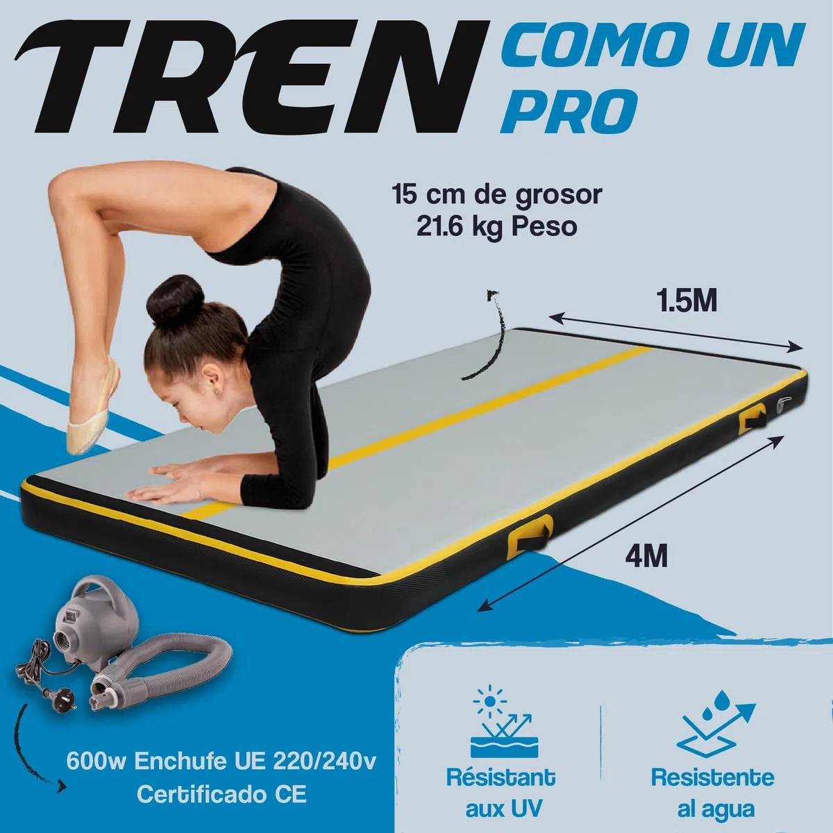 AirTrack Nordic Carbon Air Track Tumble Track 3-8m con bomba de aire eléctrica, colchoneta de gimnasia inflable para el hogar - 1,5m de ancho y 15cm de grosor, colchoneta de gimnasia