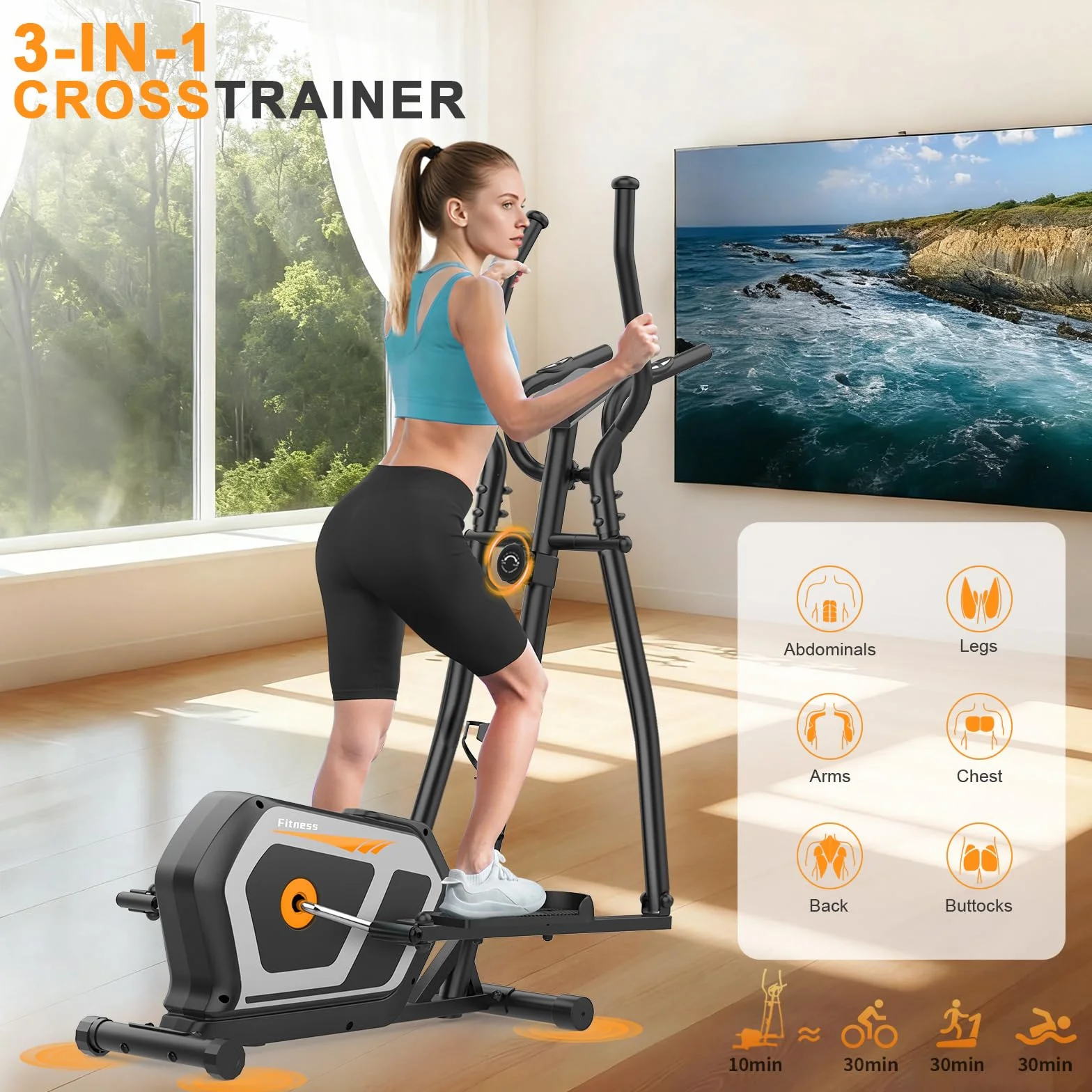 Bicicleta Elíptica,3 en 1 Máquina Elíptica para Casa con 16 Niveles de Resistencia,Monitor LCD, Bluetooth App y Soporte para Dispositivos,Pedal Antideslizante, Ejercicio Peso máximo 287LBS