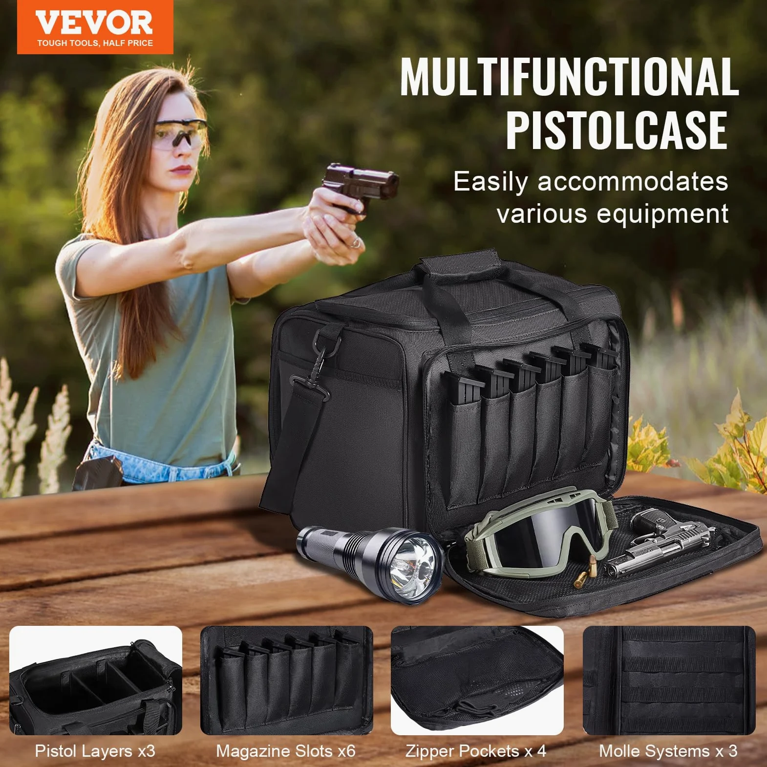VEVOR Estuche Blando para 3 Pistolas Bolsa para Pistola con 2 Deflectores Desmontables y 6 Cargadores Bolsa de Arma con Una Sola Tira para el Hombro para Campo de Tiro de Caza al Aire Libre, Negro
