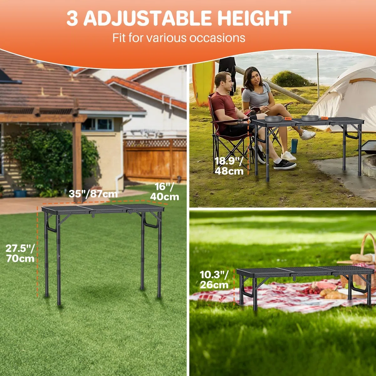 FUNYKICH Mesa Plegable Portátil para Barbacoa 87x40cm, Mesa Plegable Camping Alturas Ajustables (26/48/70cm), Superficie de Malla Aluminio Impermeable, Montaje Rápido, para Camping, Jardín y Fiestas