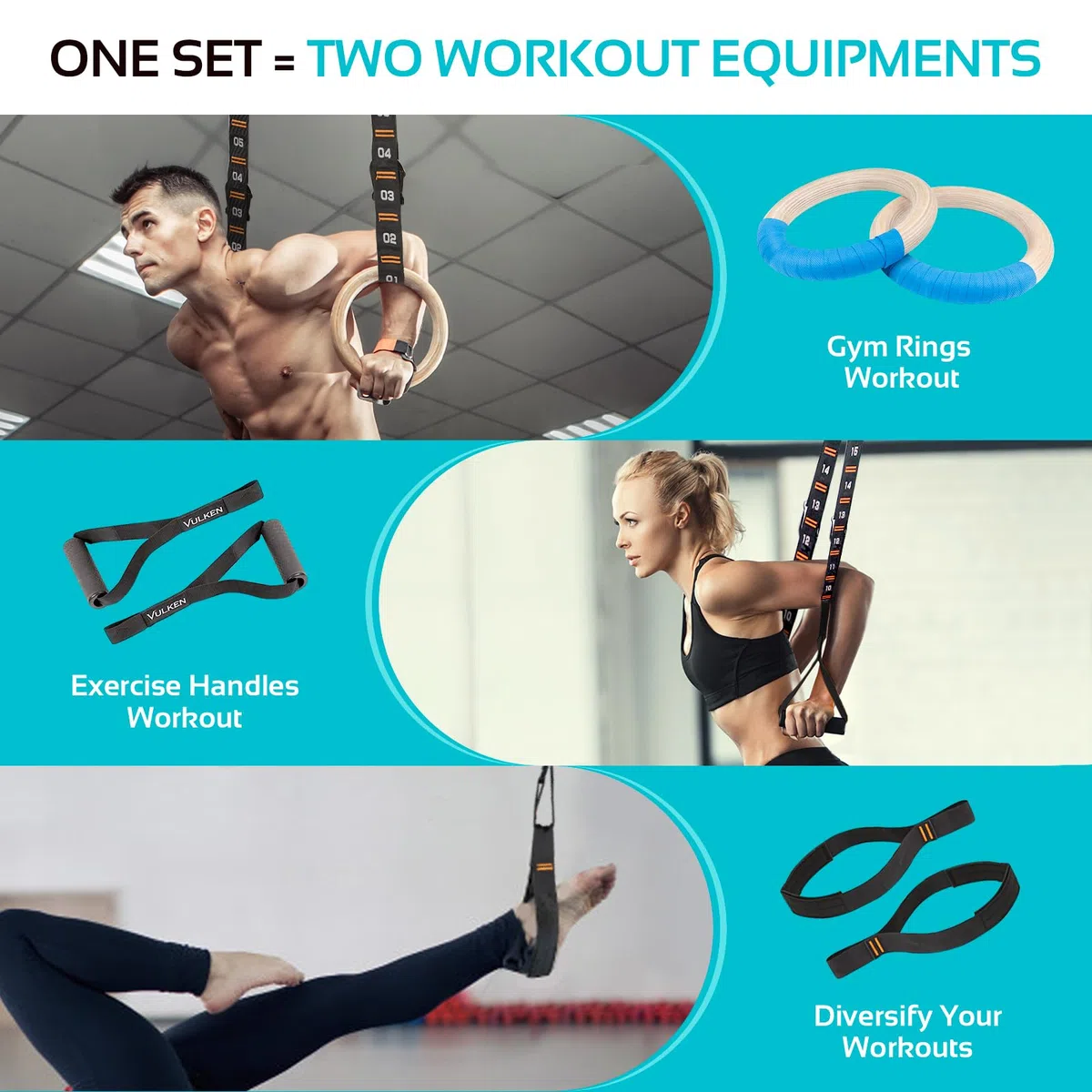 Vulken - Anillos de Gimnasia de Madera con Correas numeradas Ajustables. Anillos olímpicos de 1.25 Pulgadas para Entrenamiento de núcleo, Crossfit, Entrenamiento de Peso Corporal. Anillos de Gimnasio