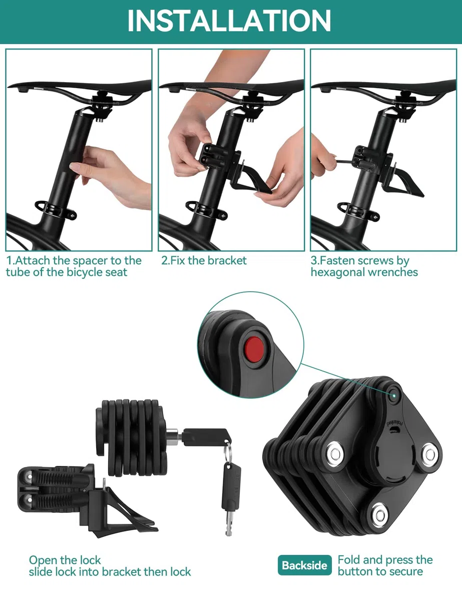 ROCKBROS Candado Plegable con Llaves de Bicicleta Antirrobo, Cerradura Portátil Seguridad con Soporte de Montaje para MTB Bicicleta de Carretera, Negro