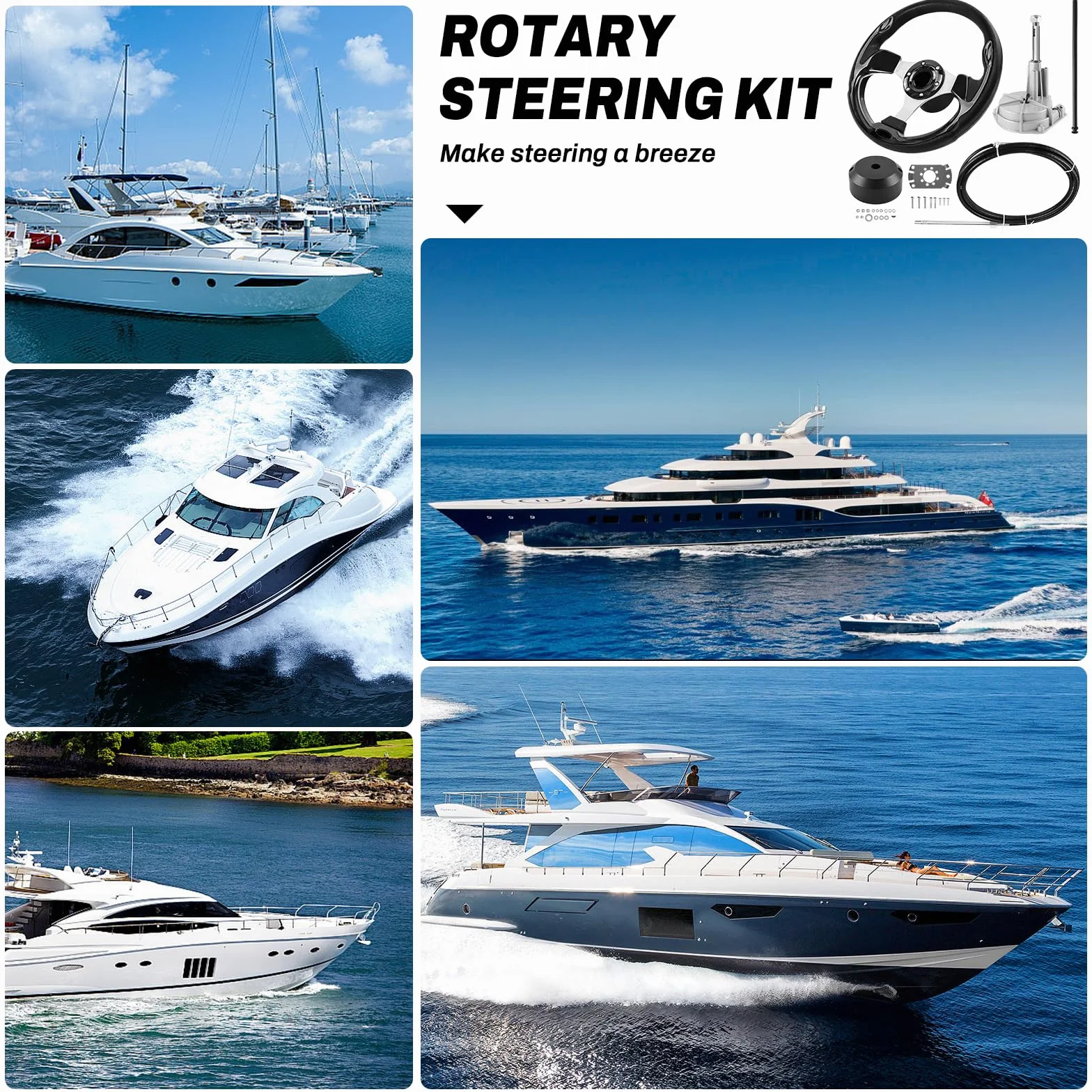 Sistema de dirección de barco, kit de dirección mecánica rotatoria, cable de control de cable de 304,8 cm, fueraborda, sistemas de dirección marina para barcos de pesca, yates y otras