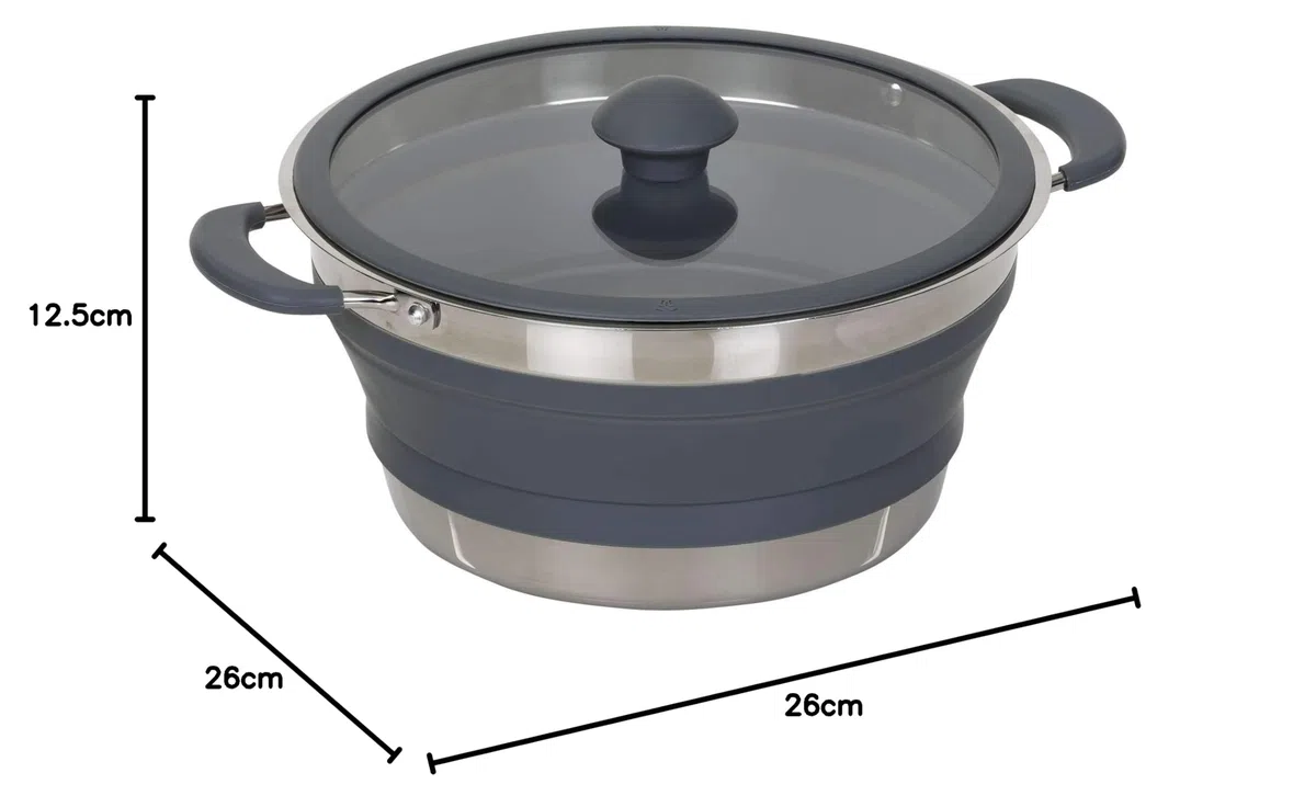 BERGER | Olla Plegable 3,5 L con tapa, Silicona y acero inoxidable, Extremadamente compacta (solo 6 cm plegada), Apta para lavavajillas y uso alimentario - Color gris