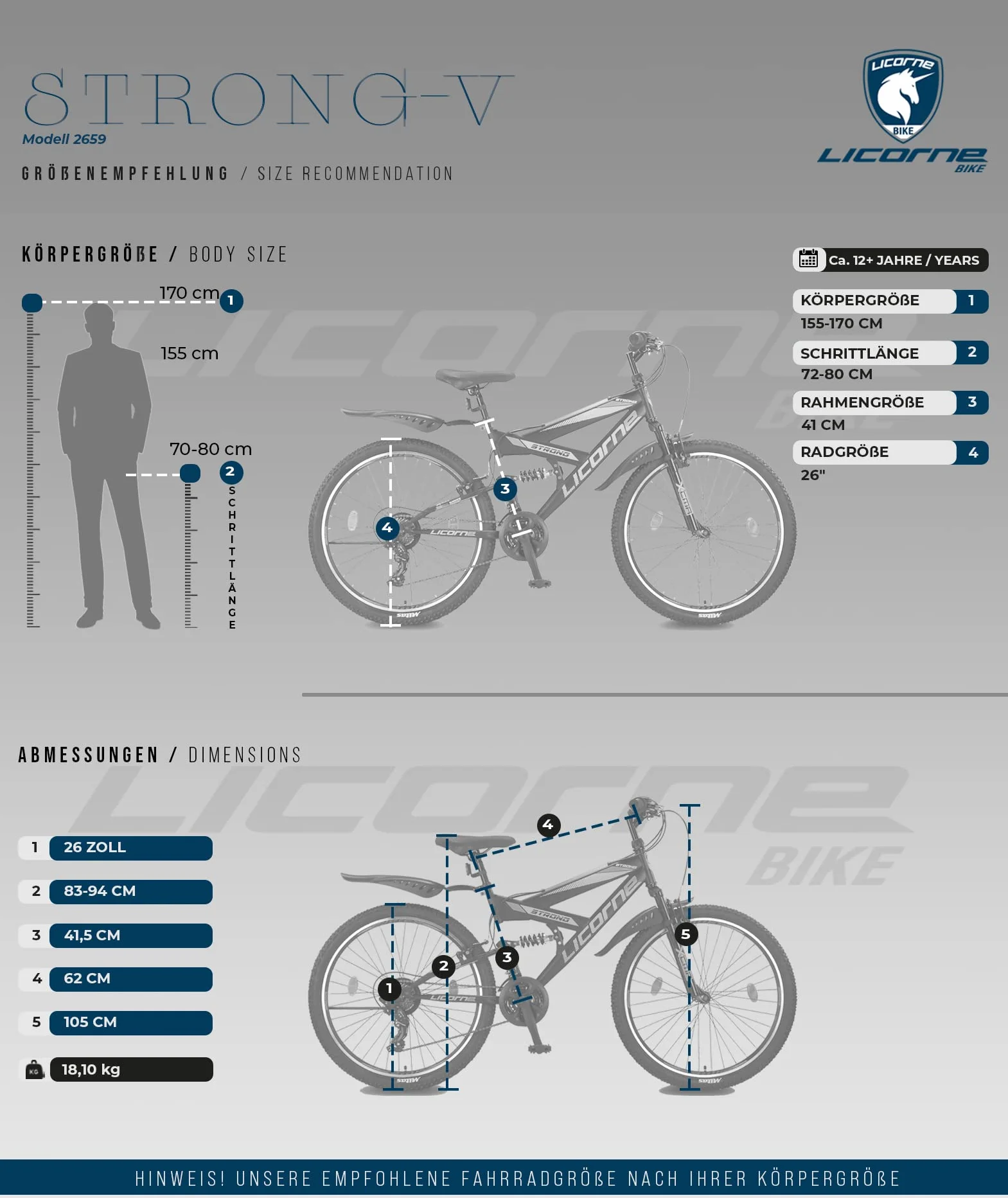 Licorne Bike Bicicleta de montaña Premium Strong V de 24 y 26 pulgadas, para niños, niñas, mujeres y hombres, cambio de 21 velocidades, suspensión completa