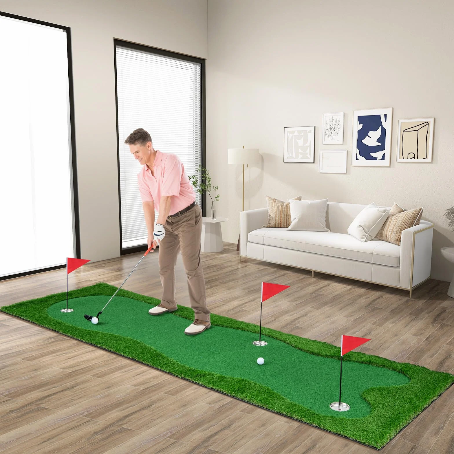 LIFEZEAL Alfombrilla de Entrenamiento de Golf, 3x1m, Esterilla Golf Profesional con 2 Pelotas de Golf, Alfombra de práctica con 3 Agujeros, tapete de Golf Plegable para Interior y Exterior