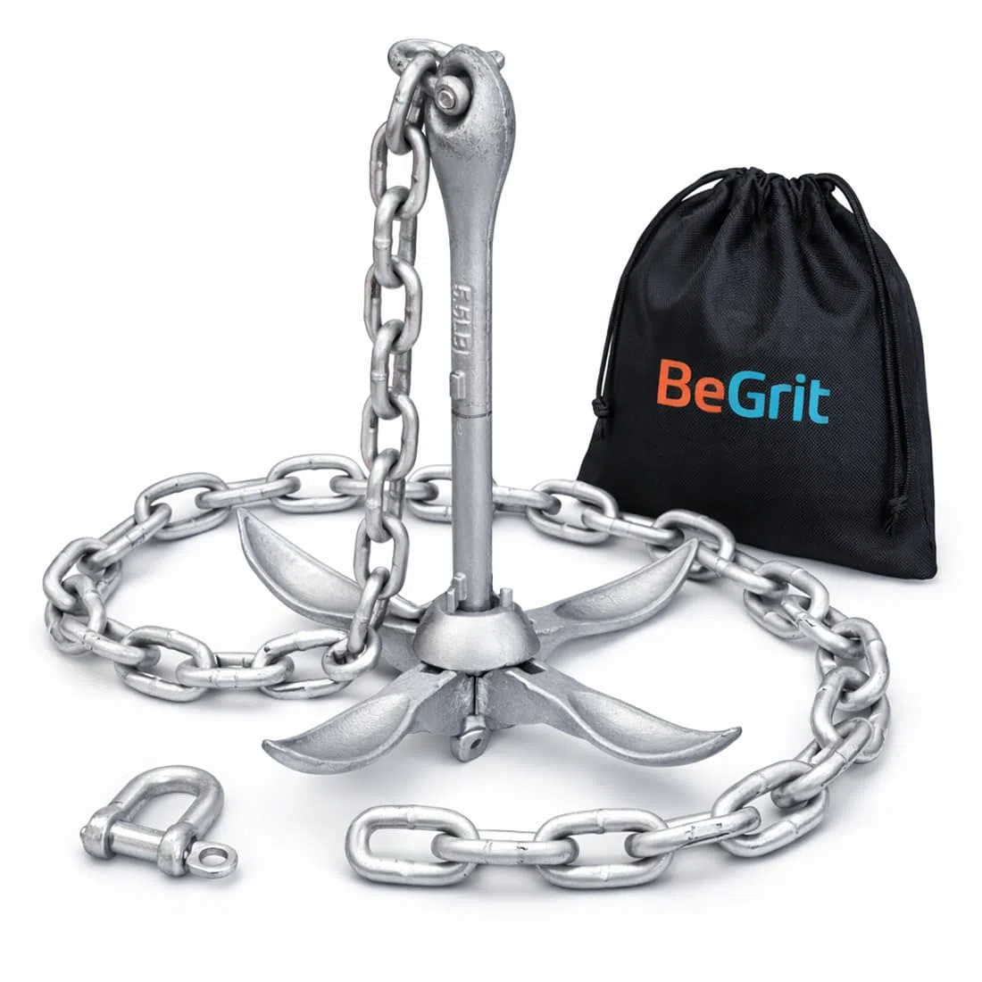 BeGrit Kit de Anclaje para Bote Ancla galvanizada 2.5kg, Ancla de garfio Plegable con Cadena galvanizada de 8 mm, para Botes de Pesca Sup inflables de Canoa de Kayak