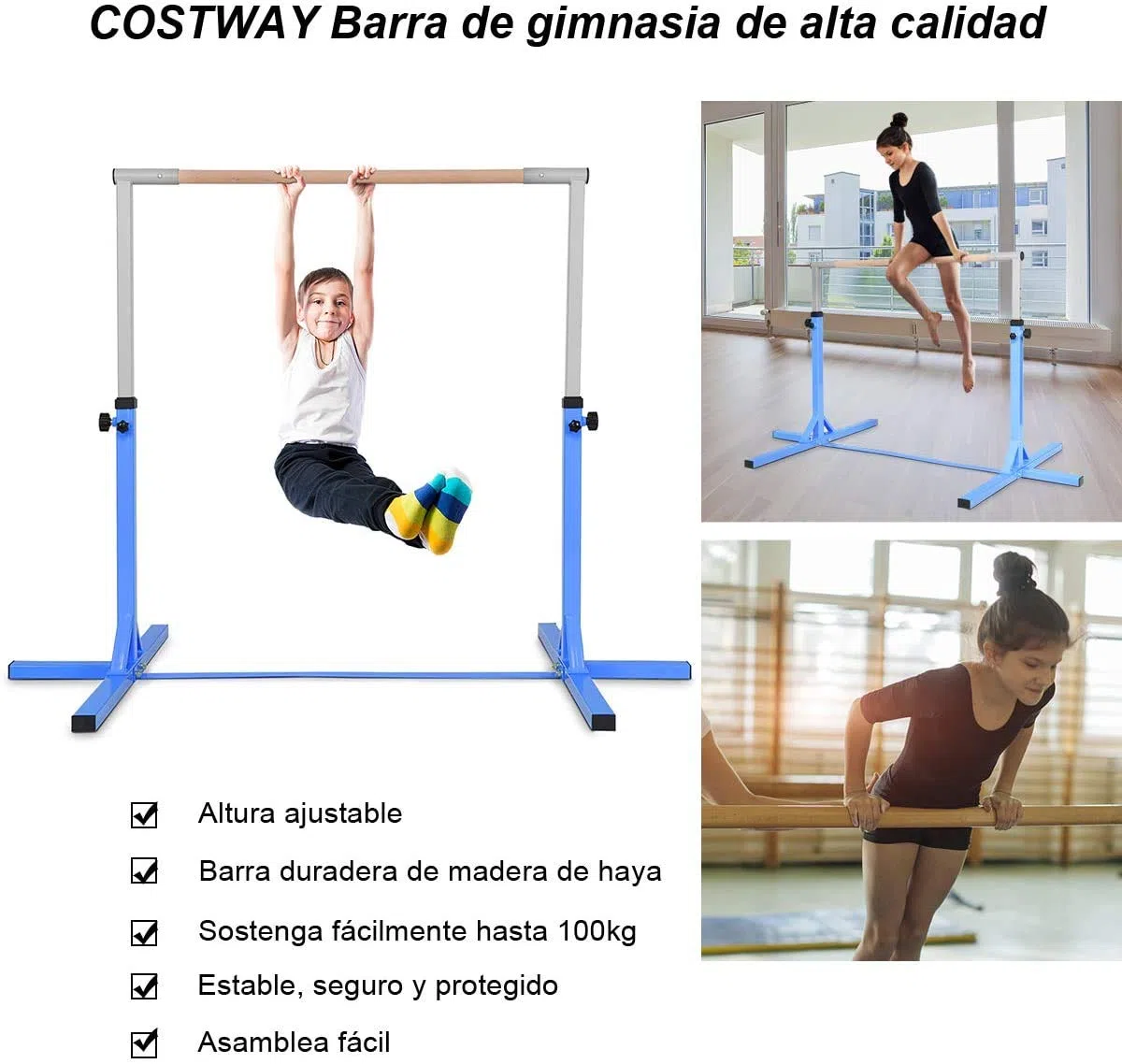 COSTWAY Barra Horizontal de Gimnasia para Niños Barra para Entrenamiento Altura Ajustable Carga hasta100kg