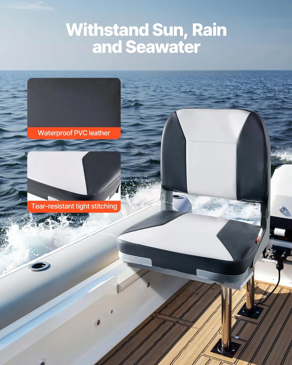 VEVOR Asiento de Barco con Respaldo Bajo Silla de Barco de Pesca Plegable con Cojín de Esponja Espesado y Cuero de PVC Impermeable Asiento de Bote Abatible para Barcos de Pesca, Yates, Negro y Gris