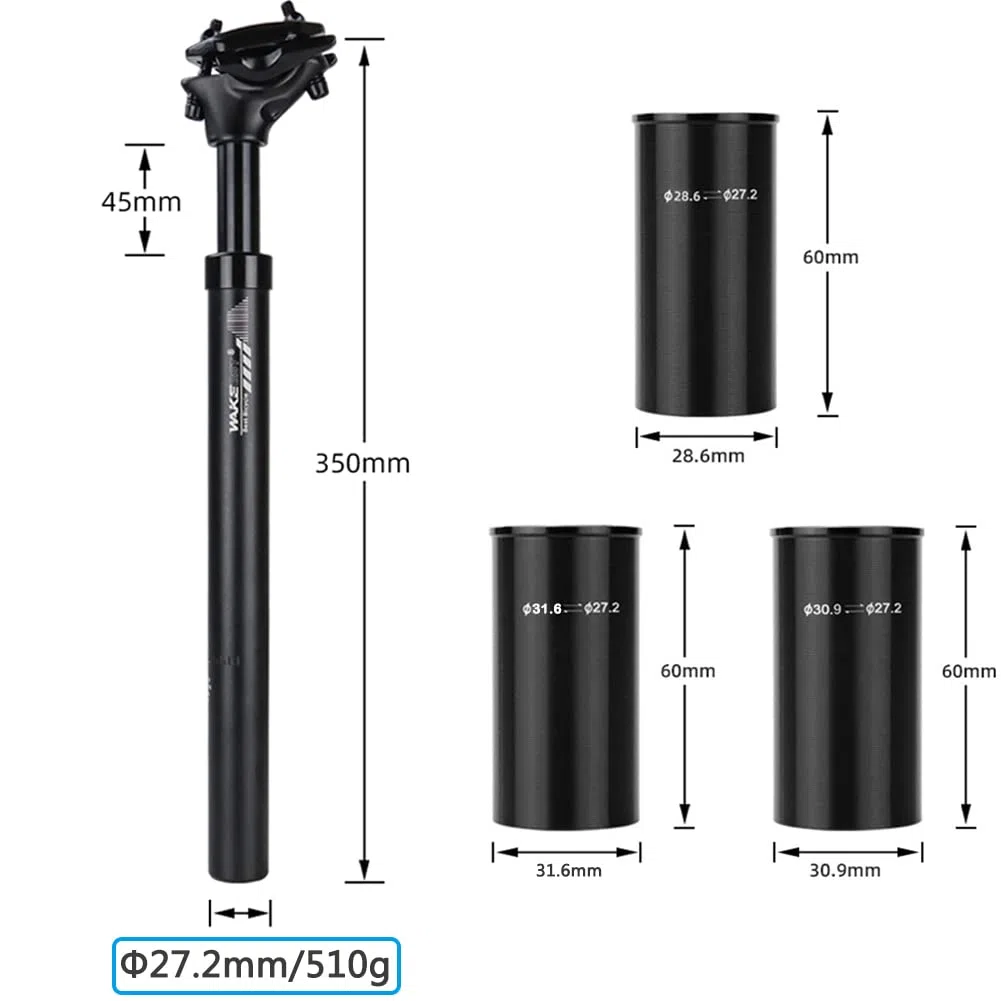 CYSKY Tija de Sillín de Suspensión 27.2 x 350mm con Adaptador de Tija de Sillín 28.6mm 30.9mm 31.6mm, Amortiguador de Tija de Sillín para Bicicleta de Montaña Bicicleta de Carretera