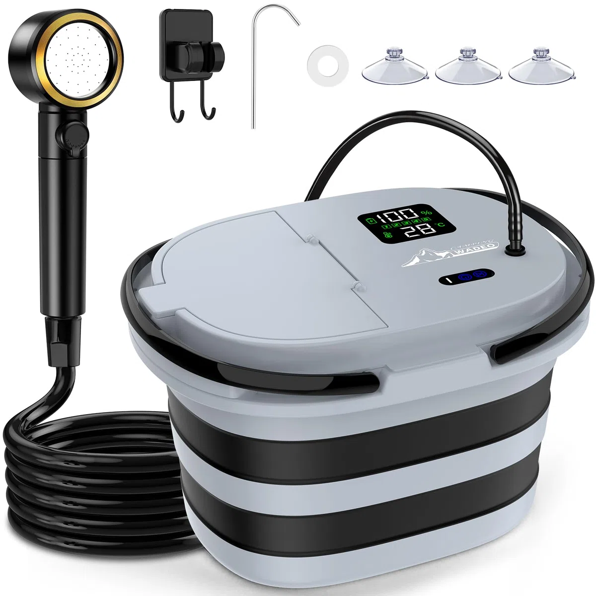 WADEO 2026 Nueva Ducha de Camping con Bomba integrada [13 000 mAh] y Cubo de Agua Plegable, 5 Niveles de Velocidad y 4 Tipos de Chorro, para Acampada, Autocaravana, Mascotas, Playa y jardín