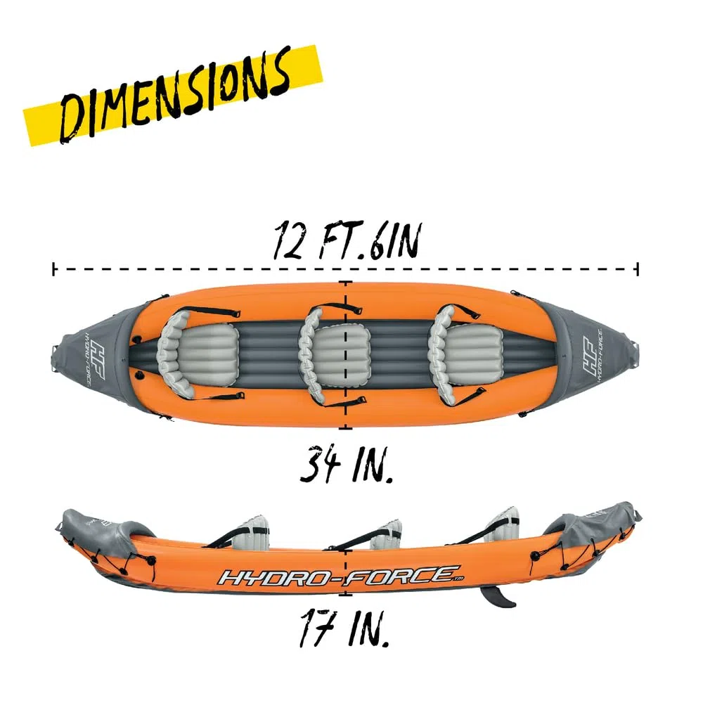 Bestway Kayak Hydro-Force Rapid X3 | Juego de Barco Inflable con Bomba de Mano, paletas, Asientos, Aletas y Bolsa de Almacenamiento | Tres plazas