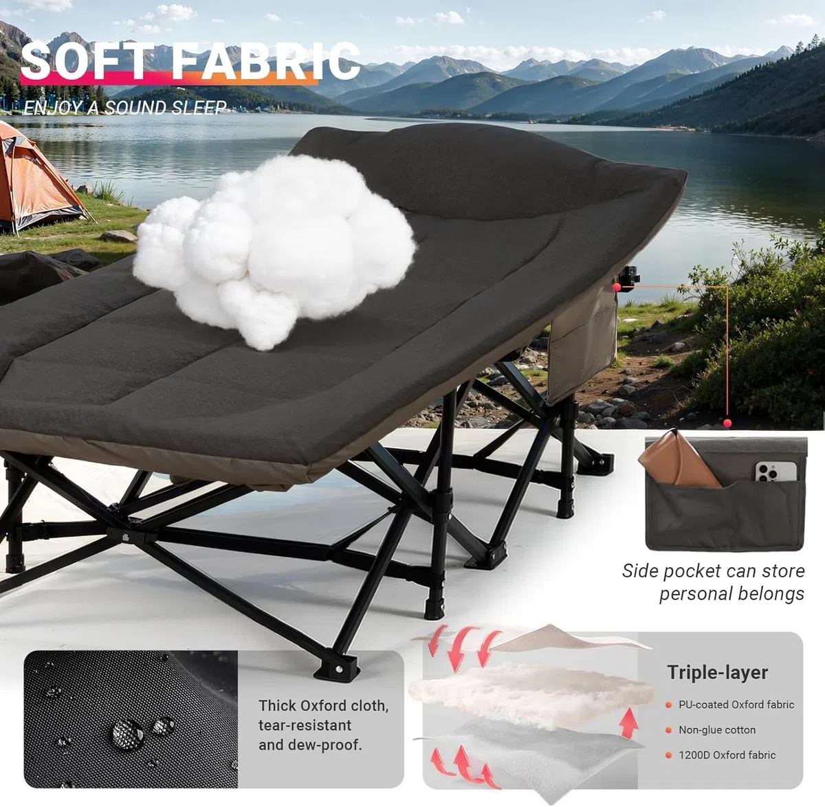 OVERMONT Cama de Camp Plegable con Colchón - Cama de Camp Plegable 190 x 70 x 40 cm - Soporta hasta 250 kg - Tela Oxford con Bolsillo Lateral - Bolsa de Transporte para Camping Jardín Oficina - Negro