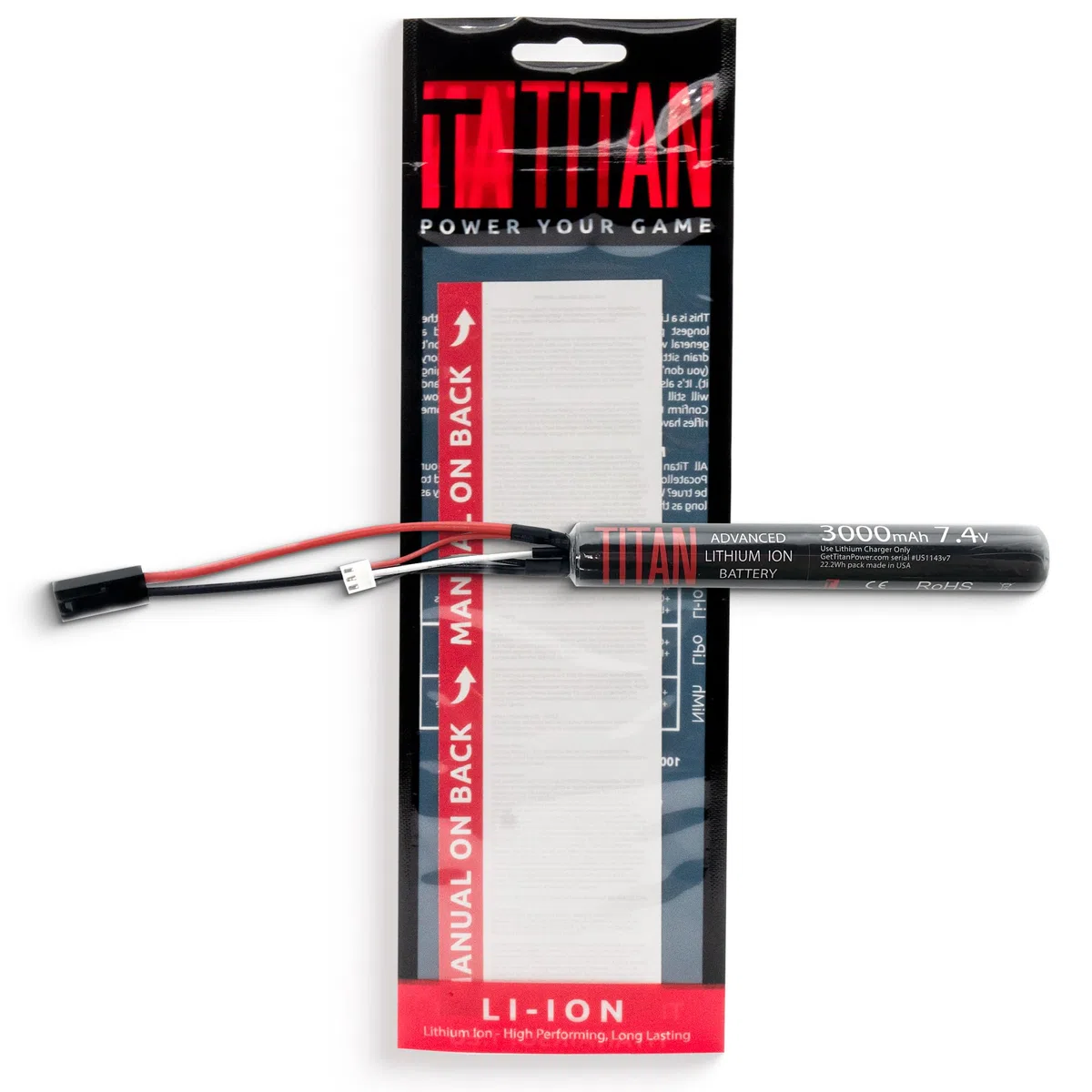 Titan - Batería de iones de litio para Airsoft, 7,4 V, 3000 mAh, 7,4 V, enchufe Tamiya, máxima capacidad y rendimiento, batería de pistola de aire comprimido de 7,4 voltios