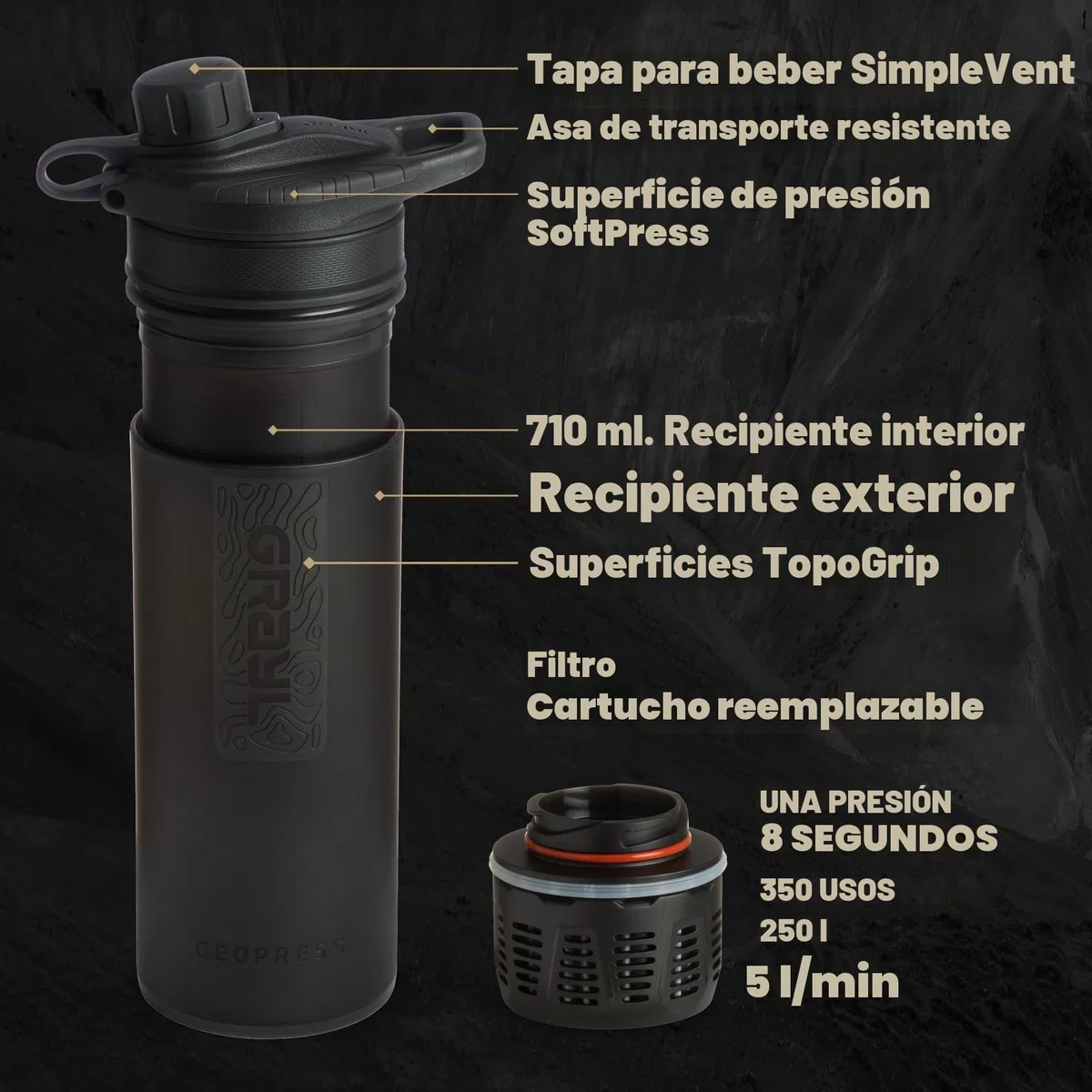 GRAYL GeoPress 710ml Filtro de agua para exteriores Agua potable I Elimina el 99,99% de todas las bacterias y virus I Perfecto para camping, supervivencia y viajes (Covert Black)