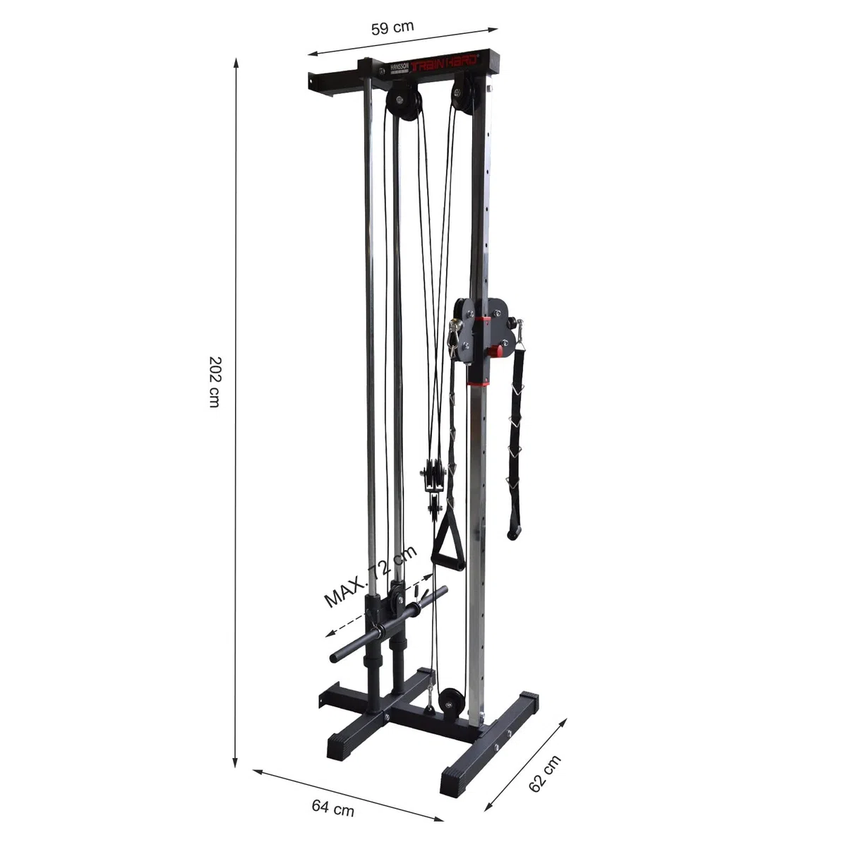 TrainHard Estación de Entrenamiento de Fuerza con lat Machine, Cables y torreta de tracción, para fijación a Pared
