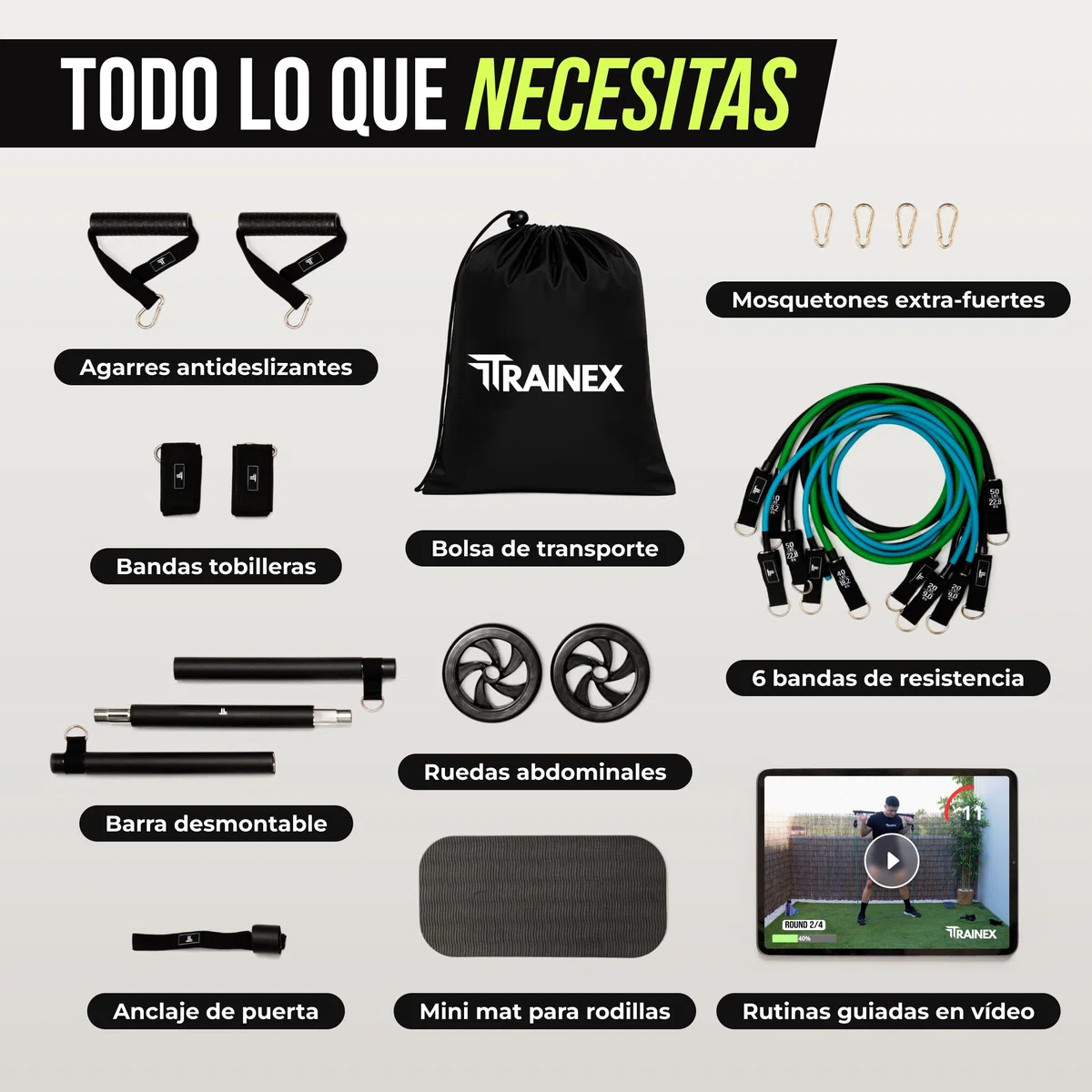 Bandas Elásticas de Musculación con Barra | Gomas de Resistencia hasta 100 kg | Kit de Entrenamiento en Casa Completo | TRAINEX