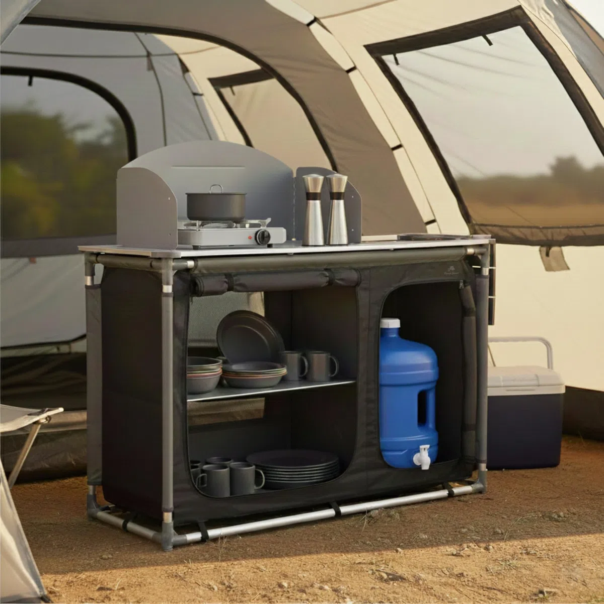 CampFeuer Armario Plegable Camping | 117 x 50 x 111 cm | Armario de Viaje Portátil, Cocina de Camping con Marco de Aluminio, Protección contra Salpicaduras, Fregadero, Bolsa de Transporte