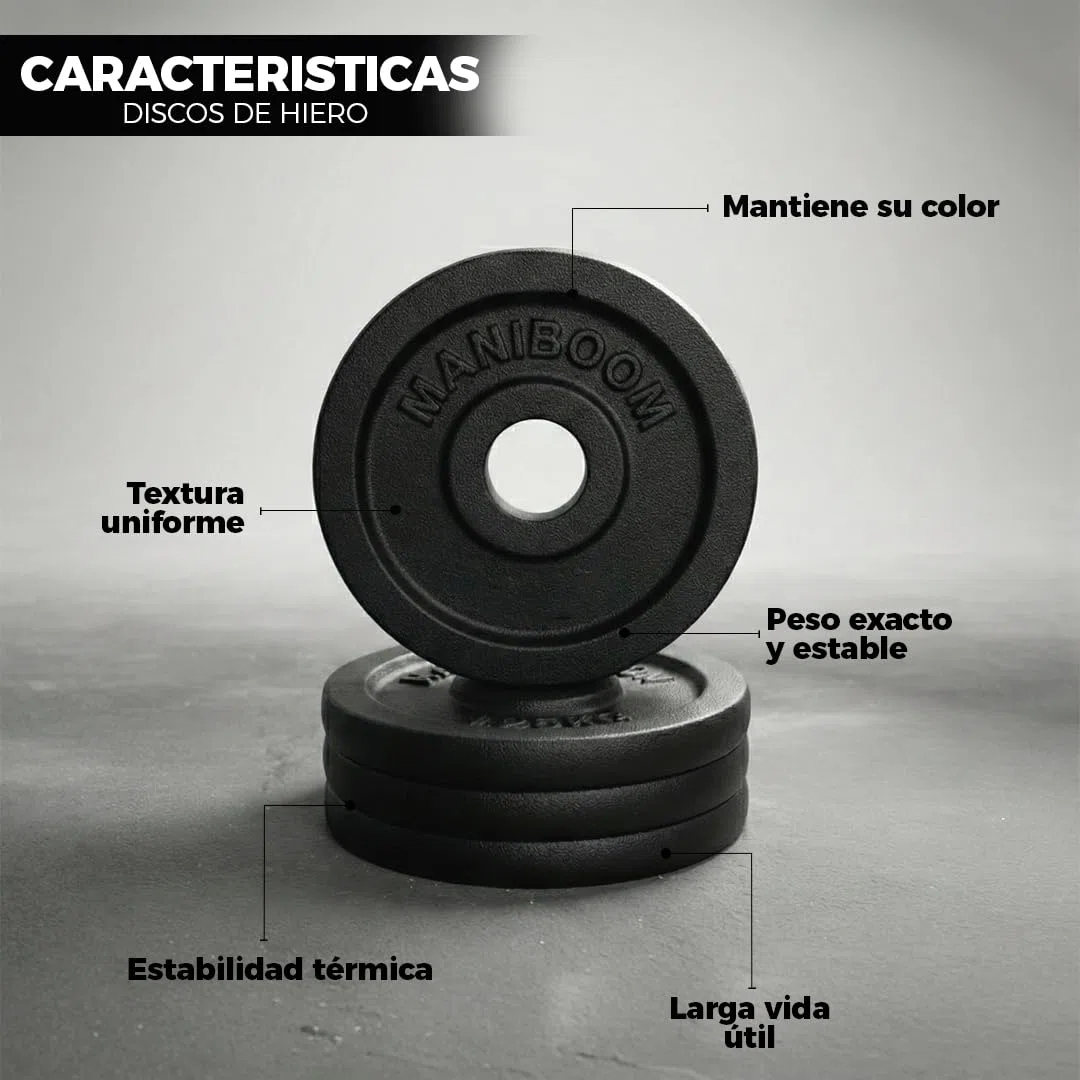 ManiBoom Discos de Pesas de Hierro Fundido (25mm) y Accesorios de Musculación – Sets de Placas y Barras para Gimnasio en Casa (Se Venden por Separado)