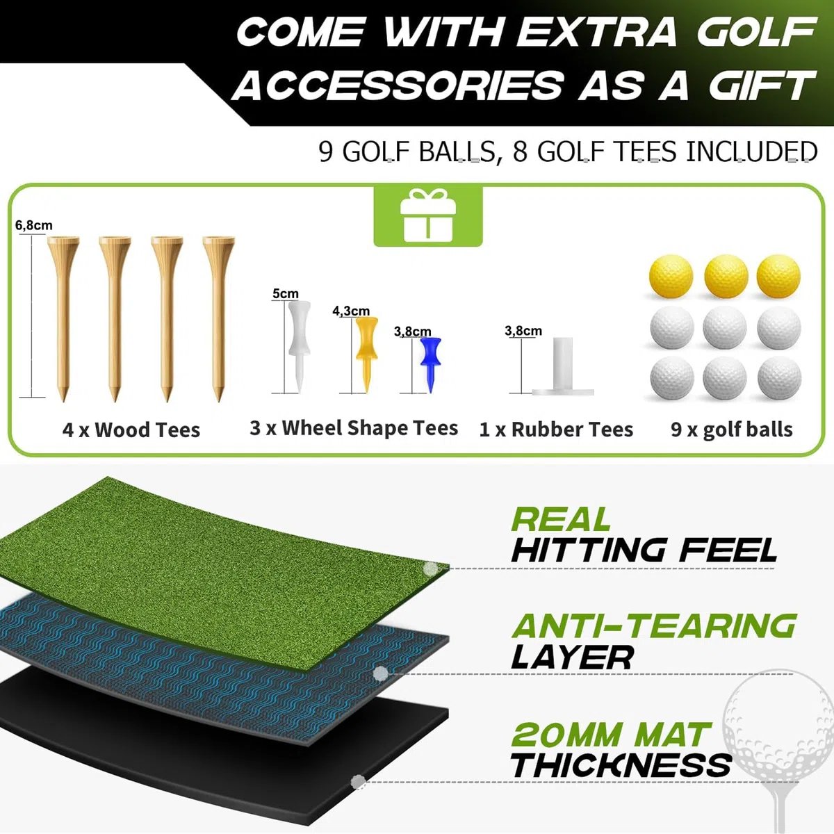 Alfombra de golf 150 x 117 cm, 6 posiciones de tee, césped artificial, verde, plegable, ideal para interior y exterior