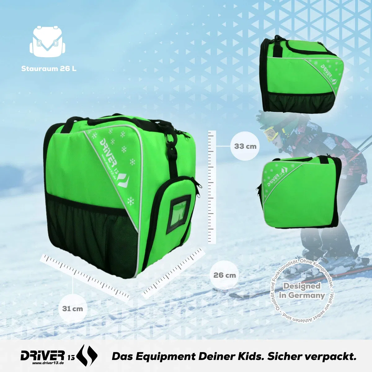 Driver13 Bolsa Infantil para Botas de esquí (bootbag), Bolsa para Botas de esquí Infantiles y Boots de Snowboard, asa de Transporte, Verde