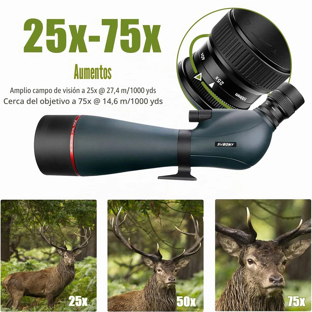 Svbony SV406 Telescopio Terrestre 25-75x100, Prisma Revestimiento Porro FMC Doble Enfoque, Telescopios de Posicionamiento en Ángulo Impermeables HD para Observación de Aves Paisaje de Vida Silvestre