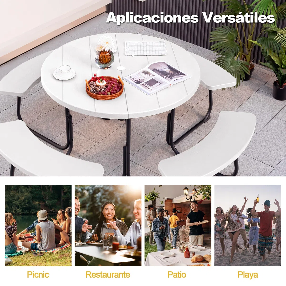 COSTWAY Conjunto de Mesa de Camping con Banco, 8 Personas, Mesa Camping Redonda con 4 Bancos,HDPE, Orificio para Sombrilla, Mesa y Sillas Jardin Patio Terraza (Blanco)
