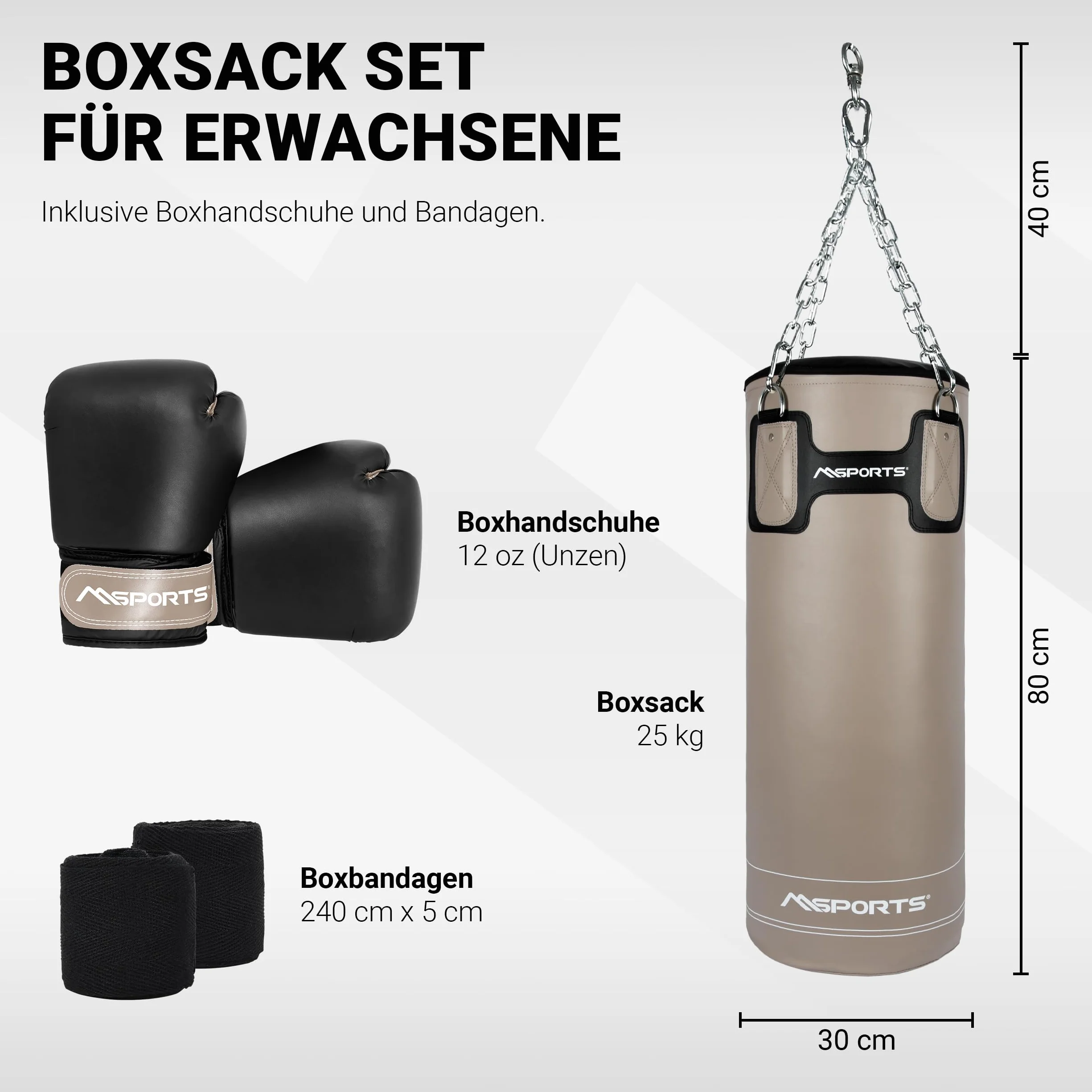 MSPORTS Juego de Saco de Boxeo (25 kg), Color Beige y Negro