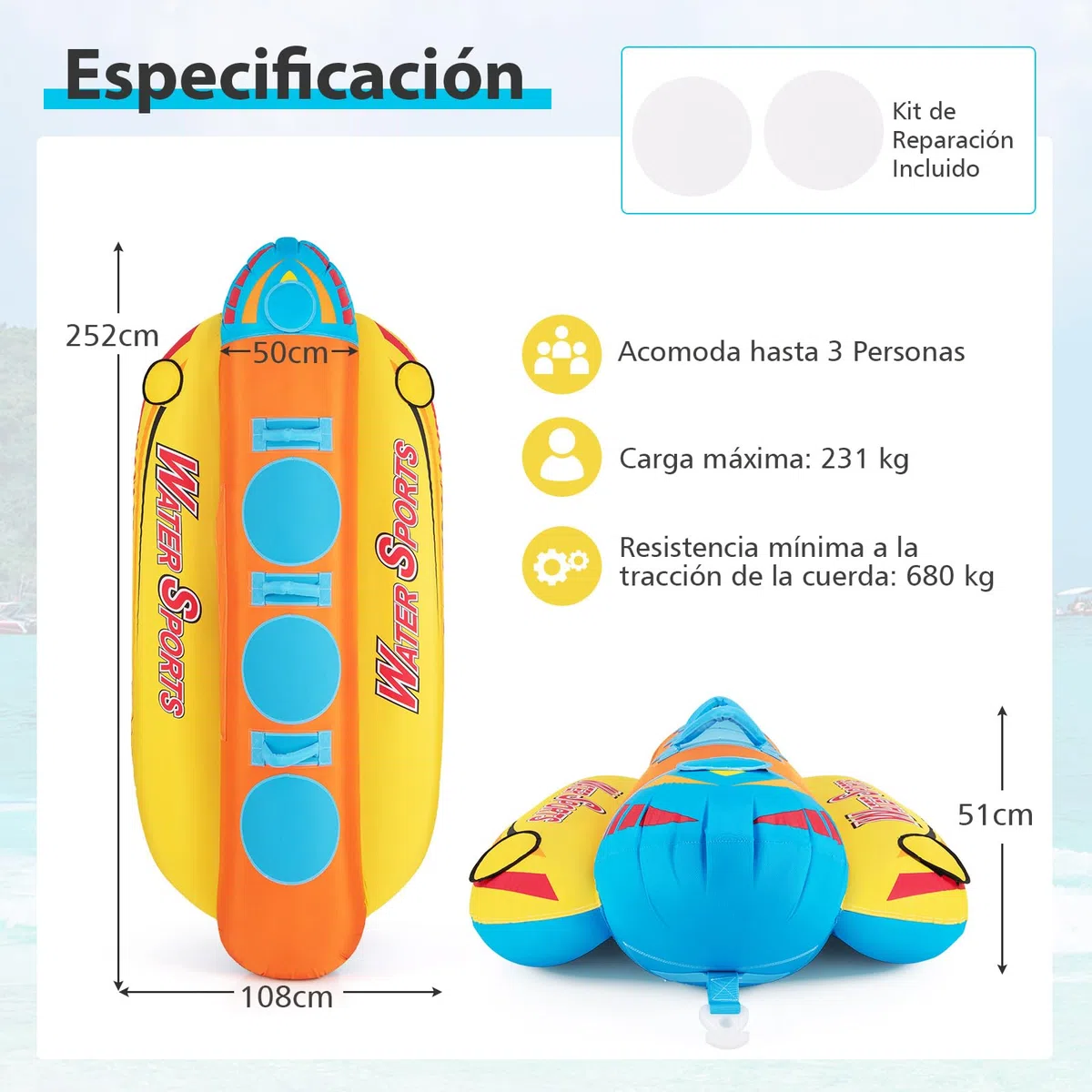 COSTWAY Tubo Remolcable para 1-3 Pasajeros, Bote Banana Inflable para Paseos y Deportes Acuáticos, Recreación con 3 Asientos y Manijas Acolchados de EVA, Kit de Reparación Incluido