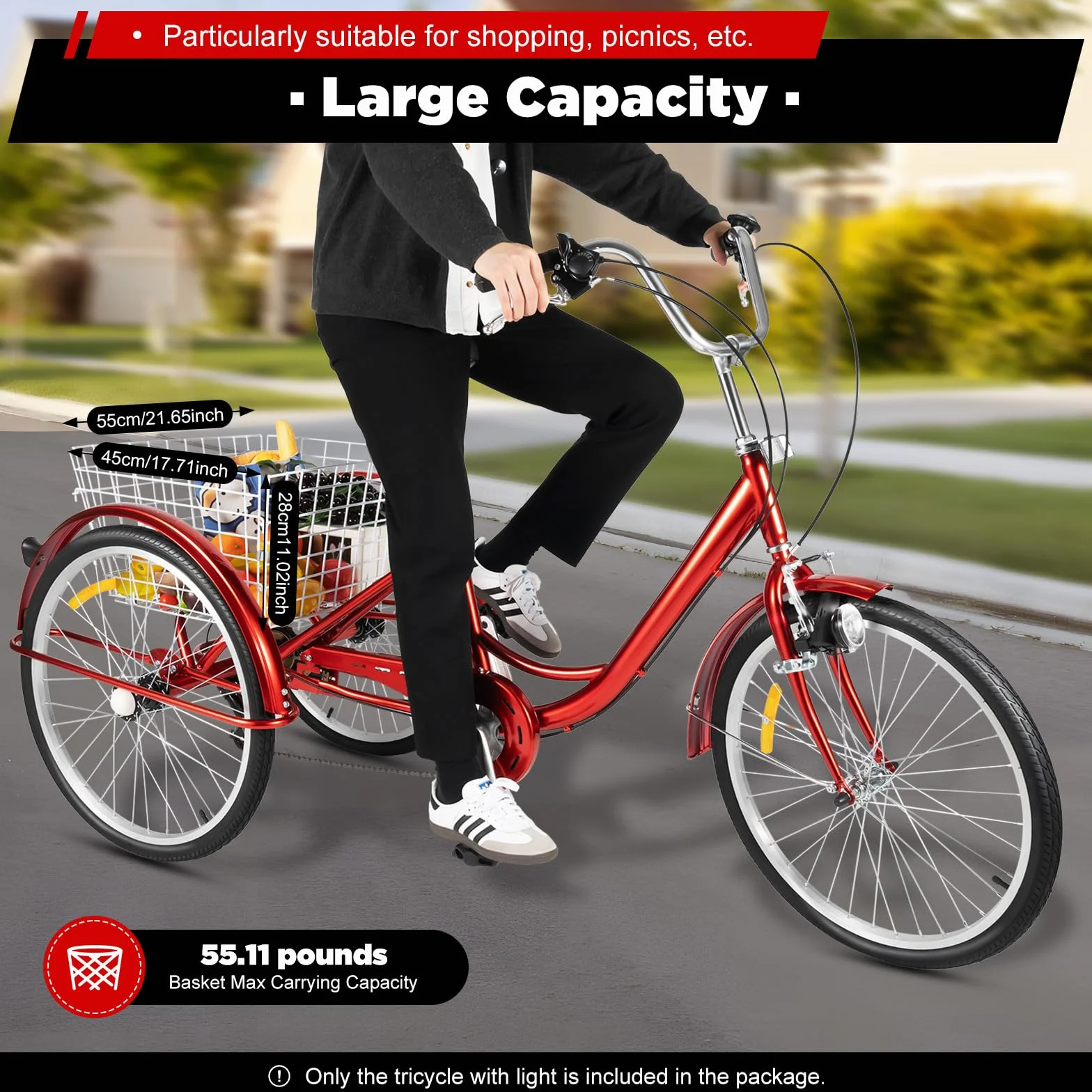 Triciclo para adultos, 20 pulgadas, 6 velocidades, 3 ruedas, con cesta de la compra, bicicleta para adultos, hasta 120 kg, triciclo de altura regulable, bicicleta de crucero para personas
