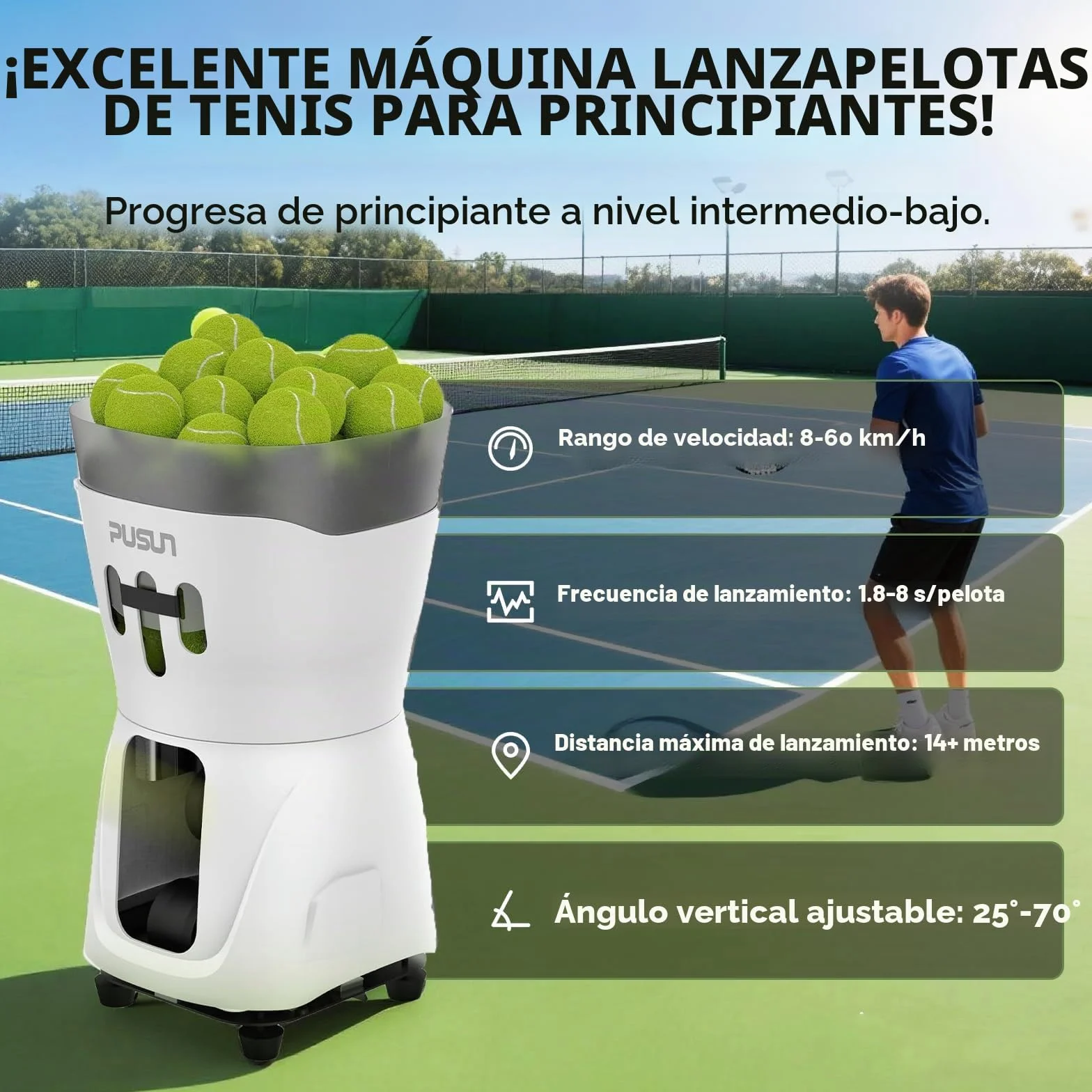 PUSUN PT-Mini Pro - Máquina de pelotas de tenis con control remoto Smart App Control, velocidad/rotación ajustable/frecuencia para principiantes, capacidad de 65+pelotas, duración de la batería 3-5