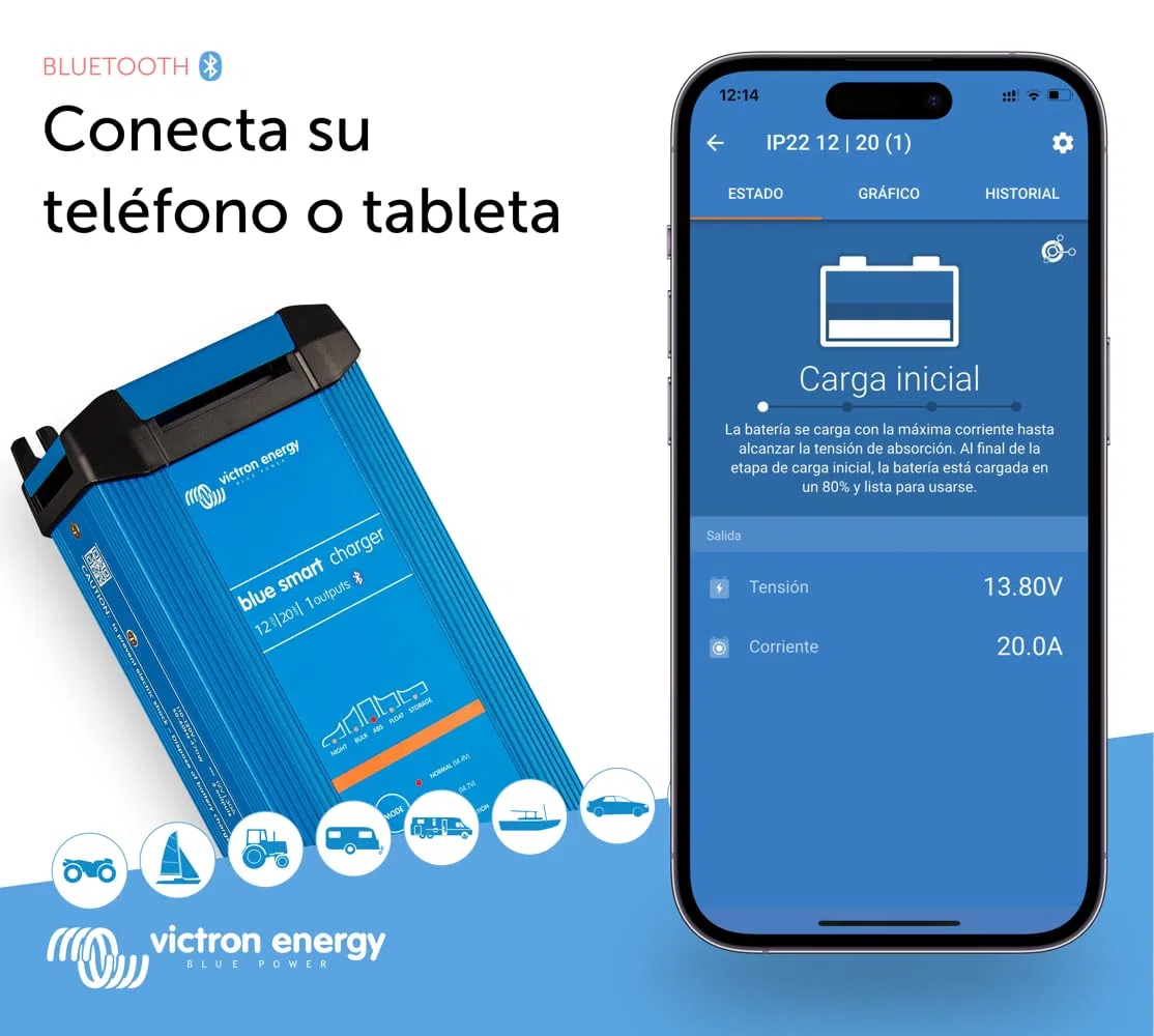 Victron Energy Blue Smart IP22 12-Voltios 20 amperios 230V, Cargador de Batería de Salida Única CEE 7/7, Bluetooth