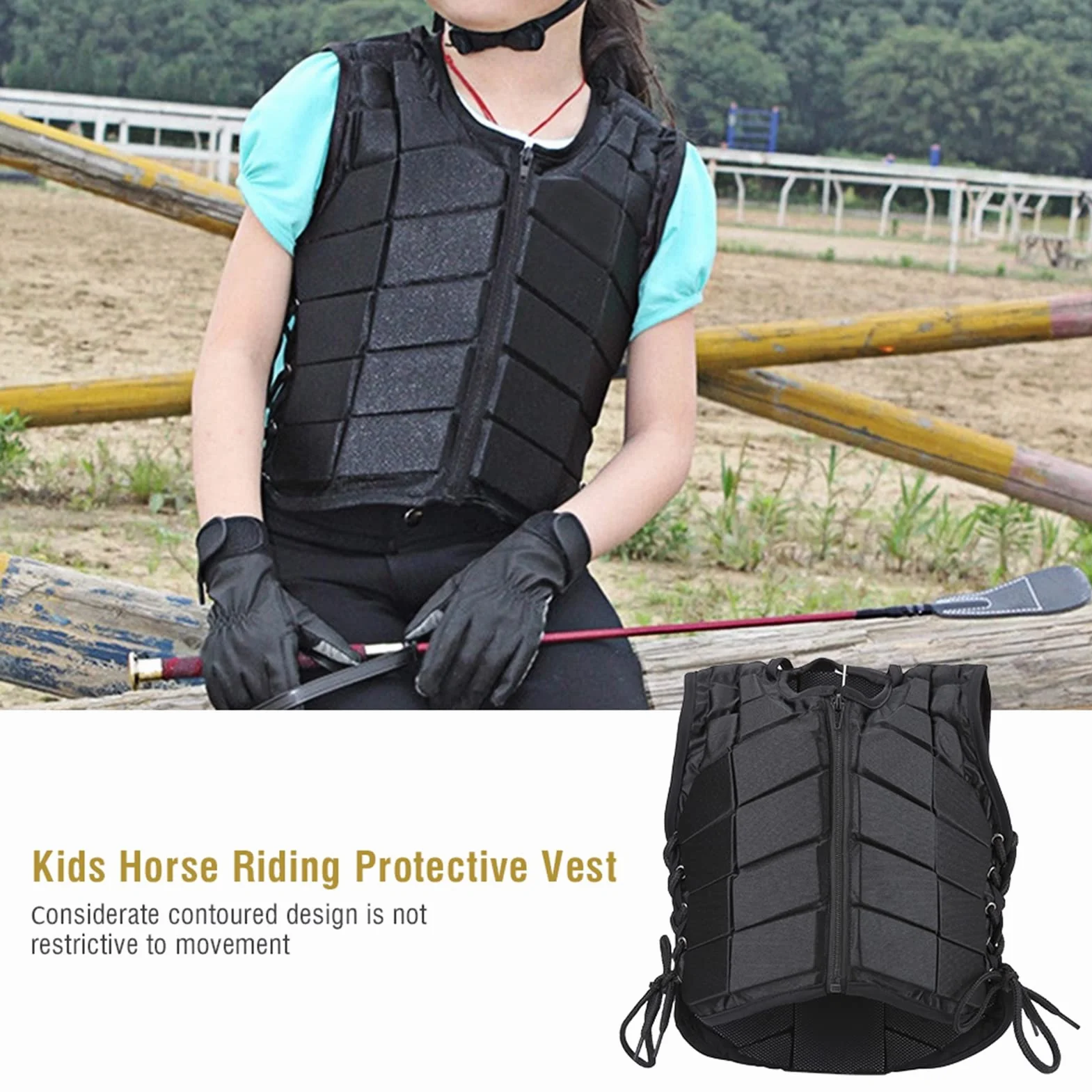 Protector Corporal para Montar A Caballo,Chaleco De Seguridad para Entrenamiento De Equitación Protector Negro Acrílico,Chaleco De Equitación Cómodo para Niños, Niñas Y Niños(CM)