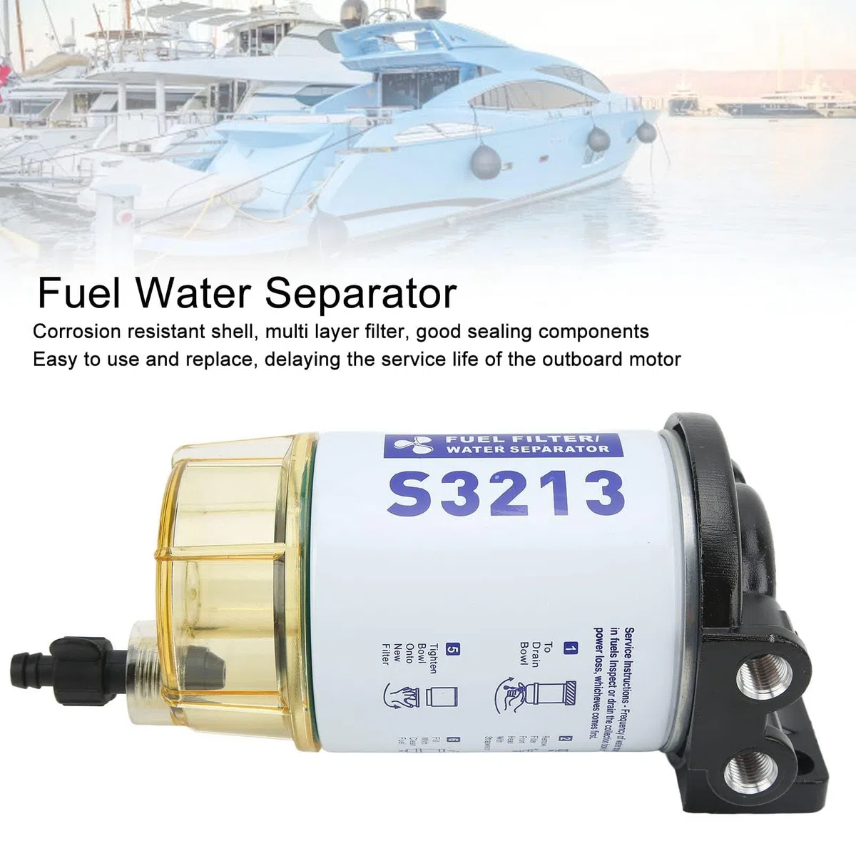 HERCHR Separador De Agua Marina, Reemplazo del Separador De Agua del Filtro De Combustible del Yate del Retiro De La Impureza S3213 para El Motor Externo Marino