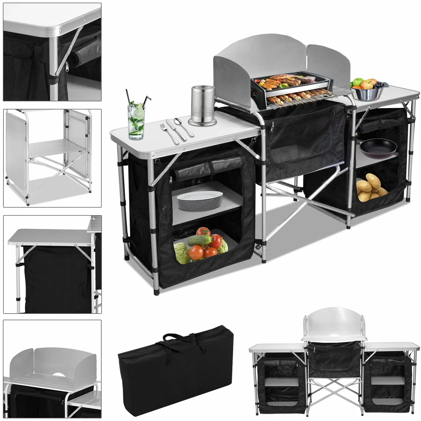 Cocina de camping con protección contra salpicaduras, armario de camping con bolsa de transporte, armario plegable con estructura de aluminio, cocina para camping al aire libre