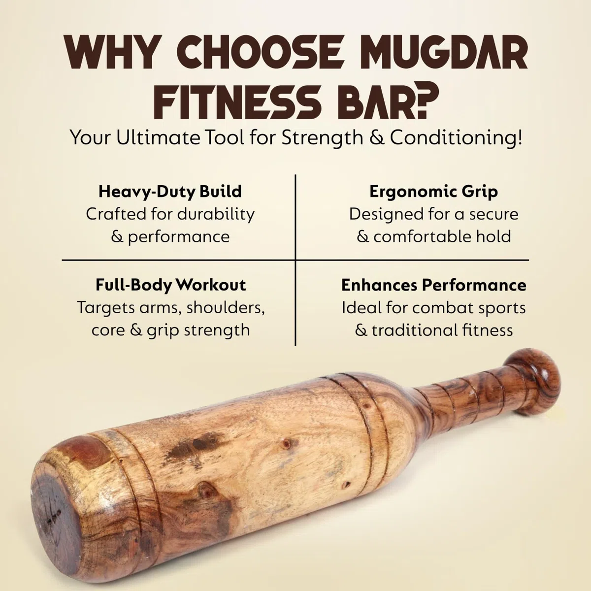 KD Willmax MUGDAR Barra de Fitness Indian Club MUDGAR BHEEM MACE Equipo para Hombro MEEL Karla KATAI MUGDAL Equipo de Fitness de Madera Durazno - 7 a 8 kg