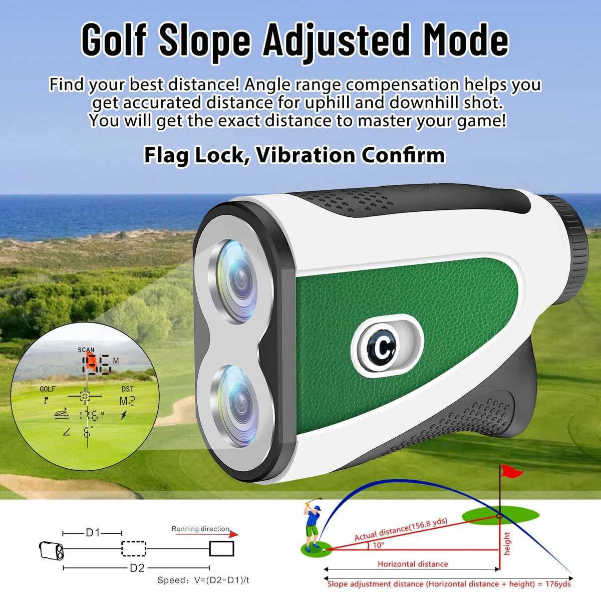 PTHTECHUS Telémetro de Golf con inclinación, telémetro láser de 1200 Yardas con Banda magnética, Aumento de 7X, Bloqueo de asta de Bandera con vibración, Impermeable IPX4, Recargable para Hombres