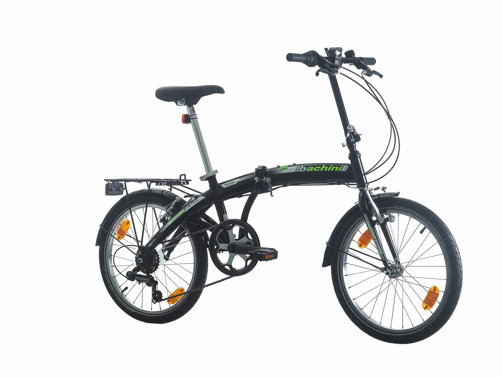 Multibrand Bachini Folding Modern Bicicleta Plegable 20 Pulgadas, 6 velocidades, V-Brake, Guardabarros, Timbre, para Adultos y Adolescentes, Adecuada para 155–185 cm (Negro con Verde y Blanco)