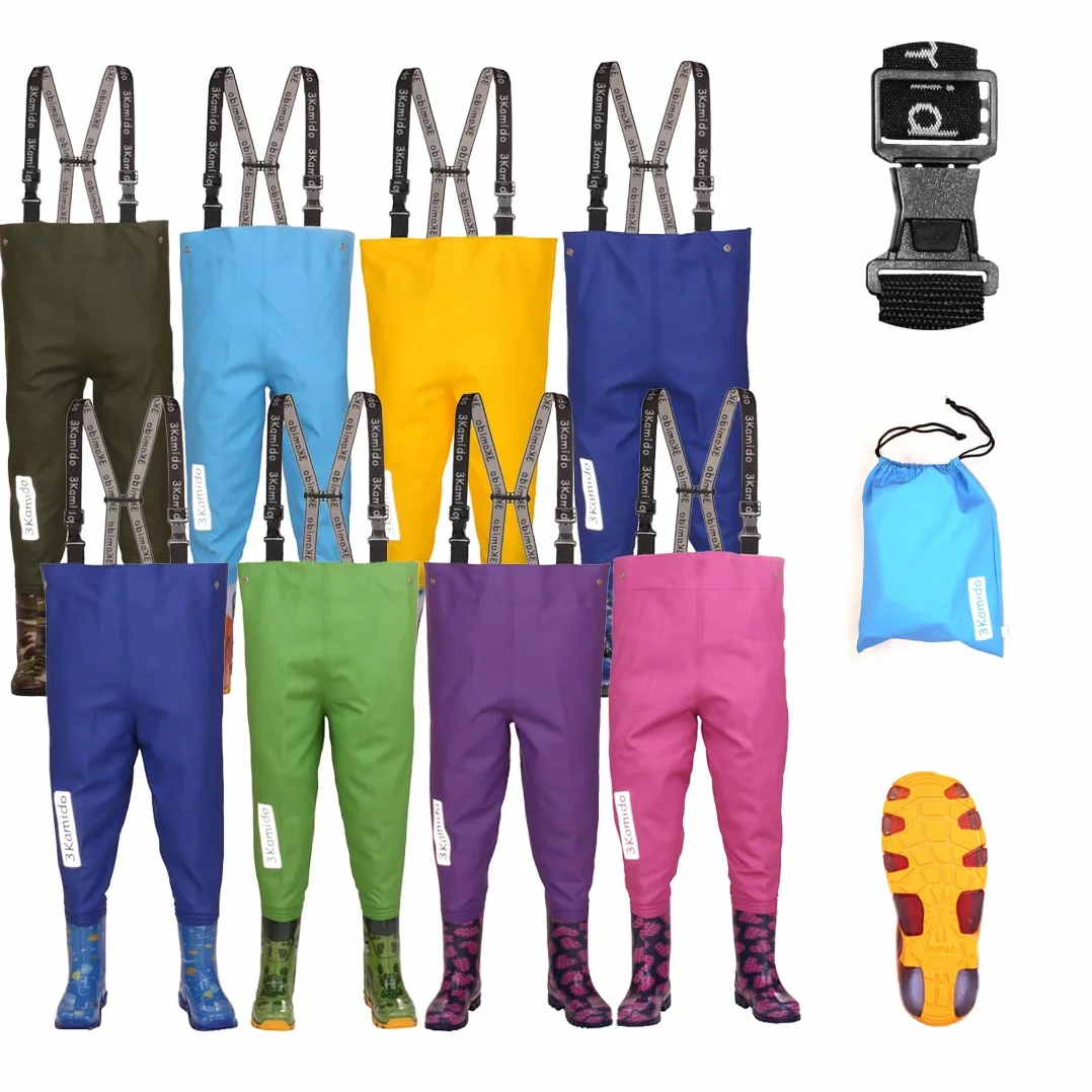 NIÑOS vadeadores de Pesca Infantiles para jóvenes - 10 Modelos, Cintura Ajustable, Tirantes duraderos, Hebilla FixLock Nexus, Botas de Pesca, 20-35 EU