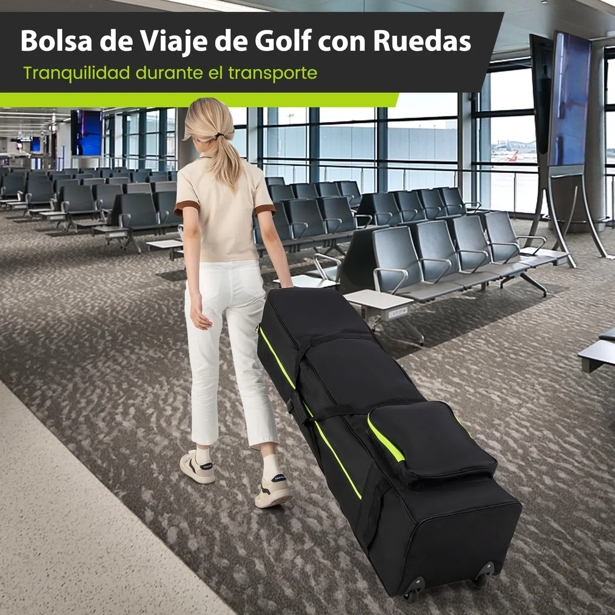COSTWAY Bolsa de Golf de Viaje con Ruedes, Tela Oxford Resistente al Desgaste e Impermeable, Cremallera y Llave, Fundas de Viaje Plegable para Palos de Golf Aerolíneas