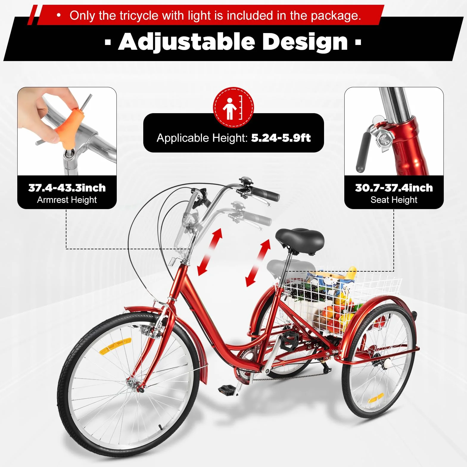 Triciclo para adultos, 20 pulgadas, 6 velocidades, 3 ruedas, con cesta de la compra, bicicleta para adultos, hasta 120 kg, triciclo de altura regulable, bicicleta de crucero para personas
